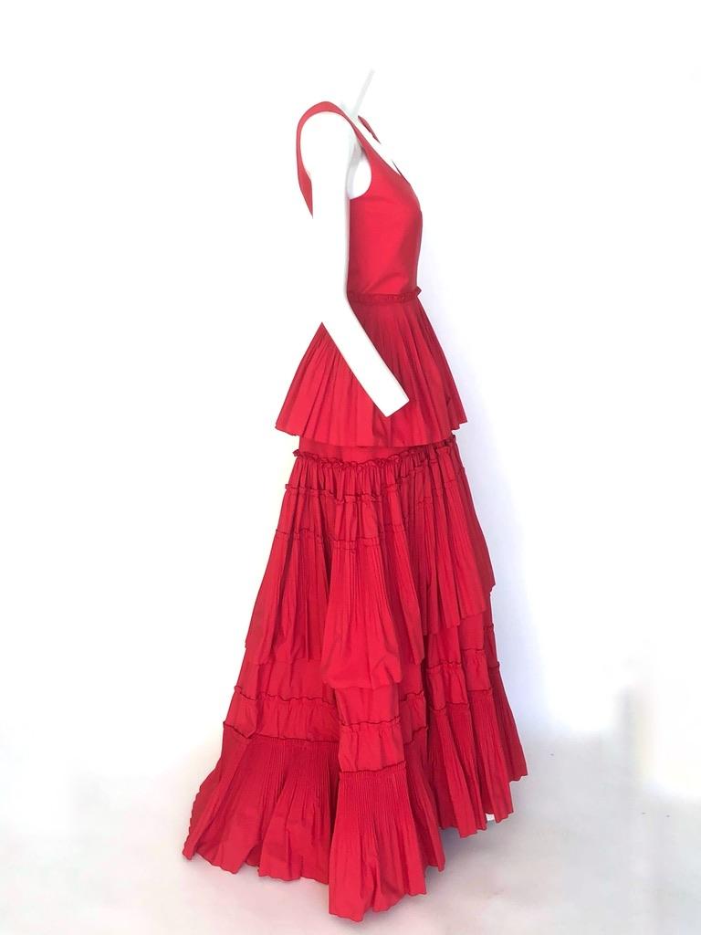 Red Alberta Ferretti tiered skirt red gown For Sale