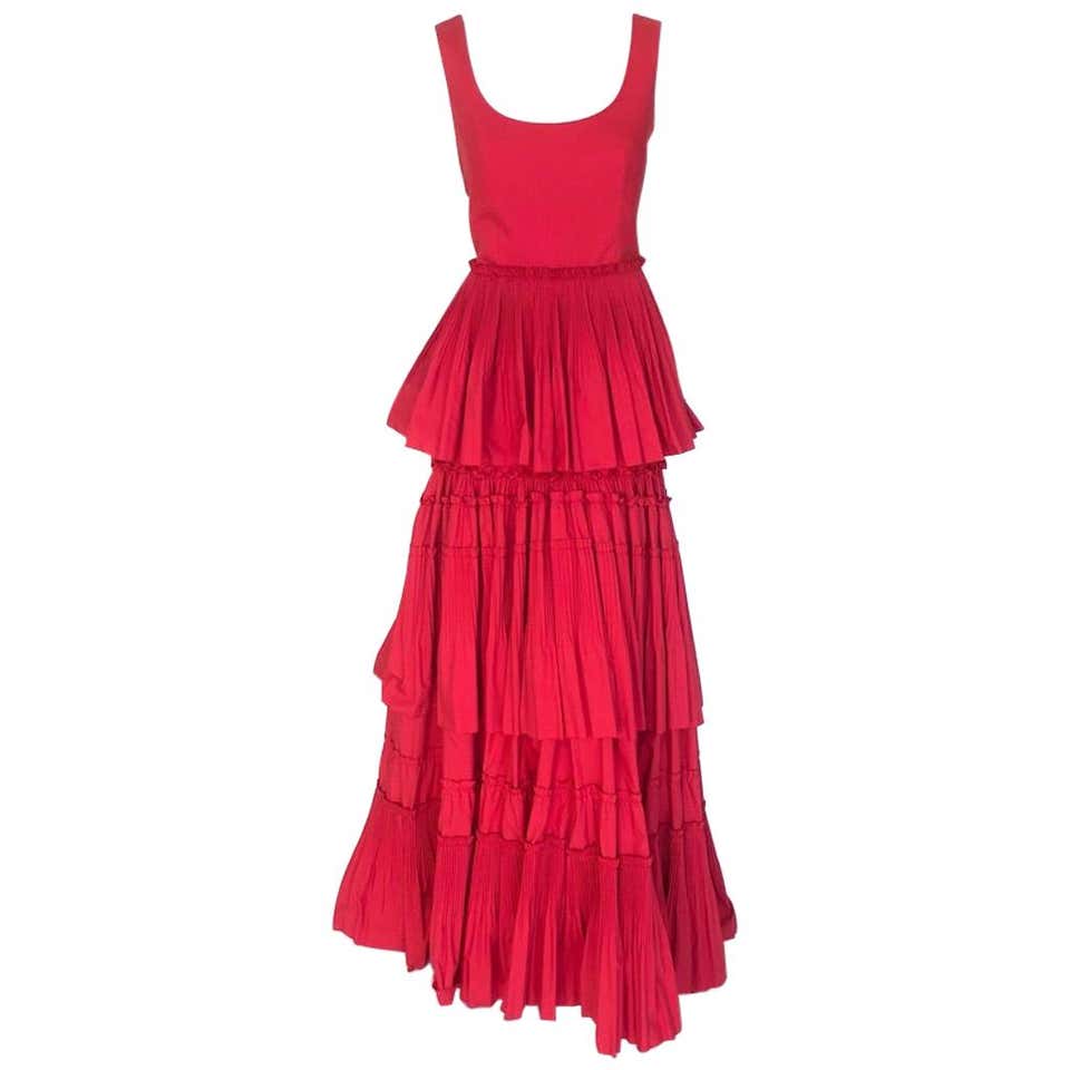 Alberta Ferretti tiered skirt red gown For Sale at 1stDibs