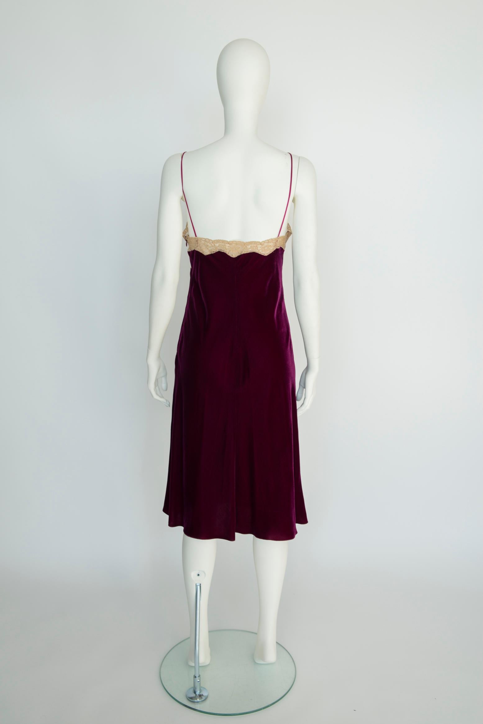 Alberta Ferretti Velvet & Silk Lace Trimmed Slip Dress 8