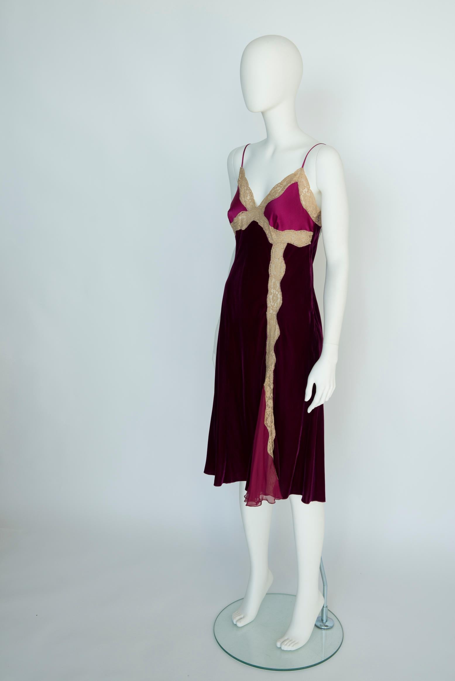 Alberta Ferretti Velvet & Silk Lace Trimmed Slip Dress 2
