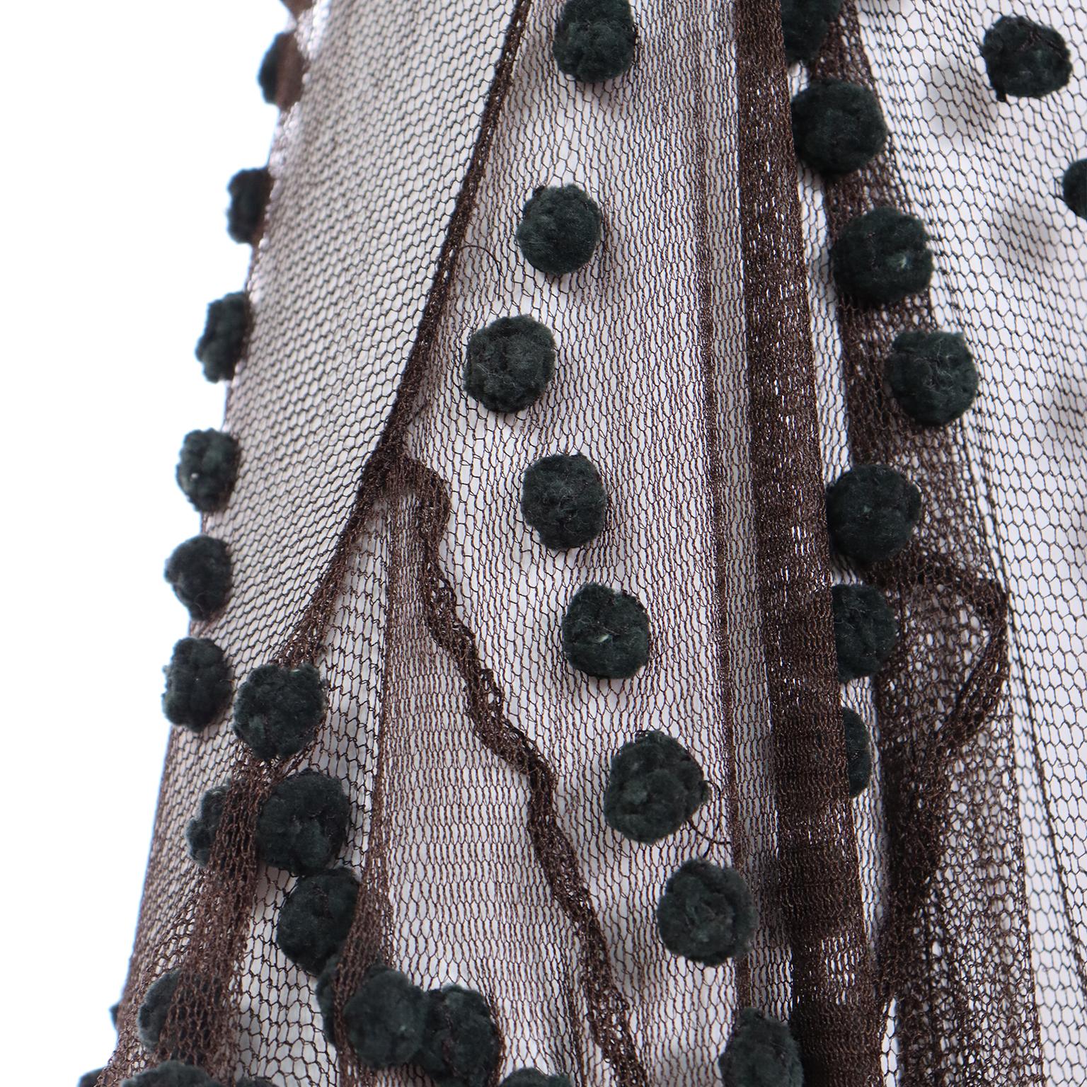 Women's Alberta Ferretti Vintage 1990s Brown Silk Net Sheer Dress w Teal Green Pom Poms