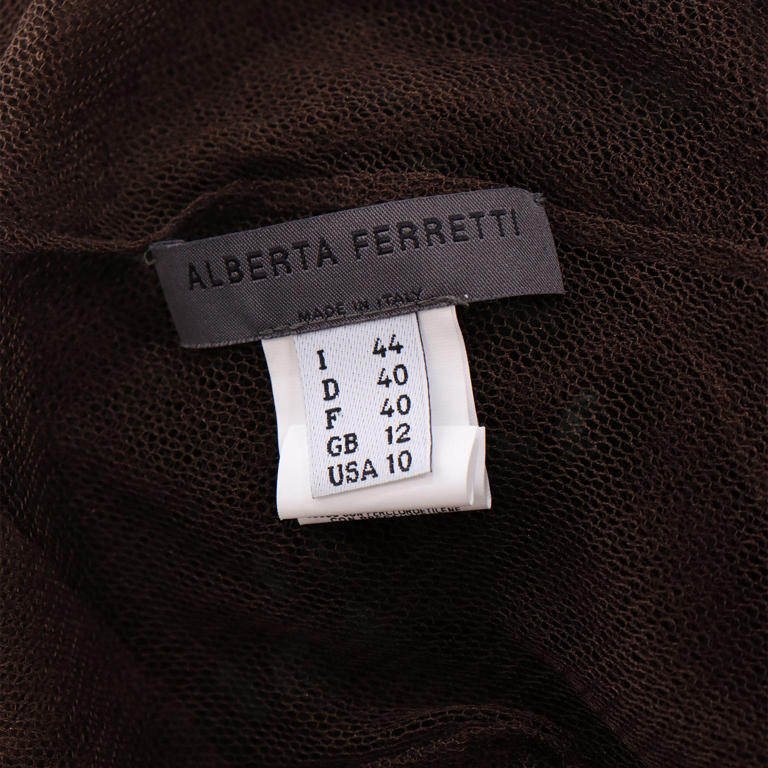 Alberta Ferretti Vintage 1990s Brown Silk Net Sheer Dress w Teal Green Pom Poms 2