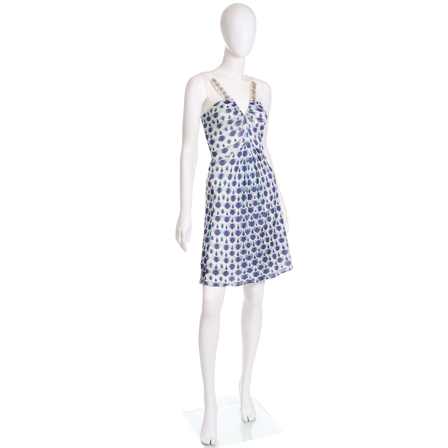 Gray Alberta Ferretti Vintage Early 2000s Blue and White Low V Dress W Shell Details