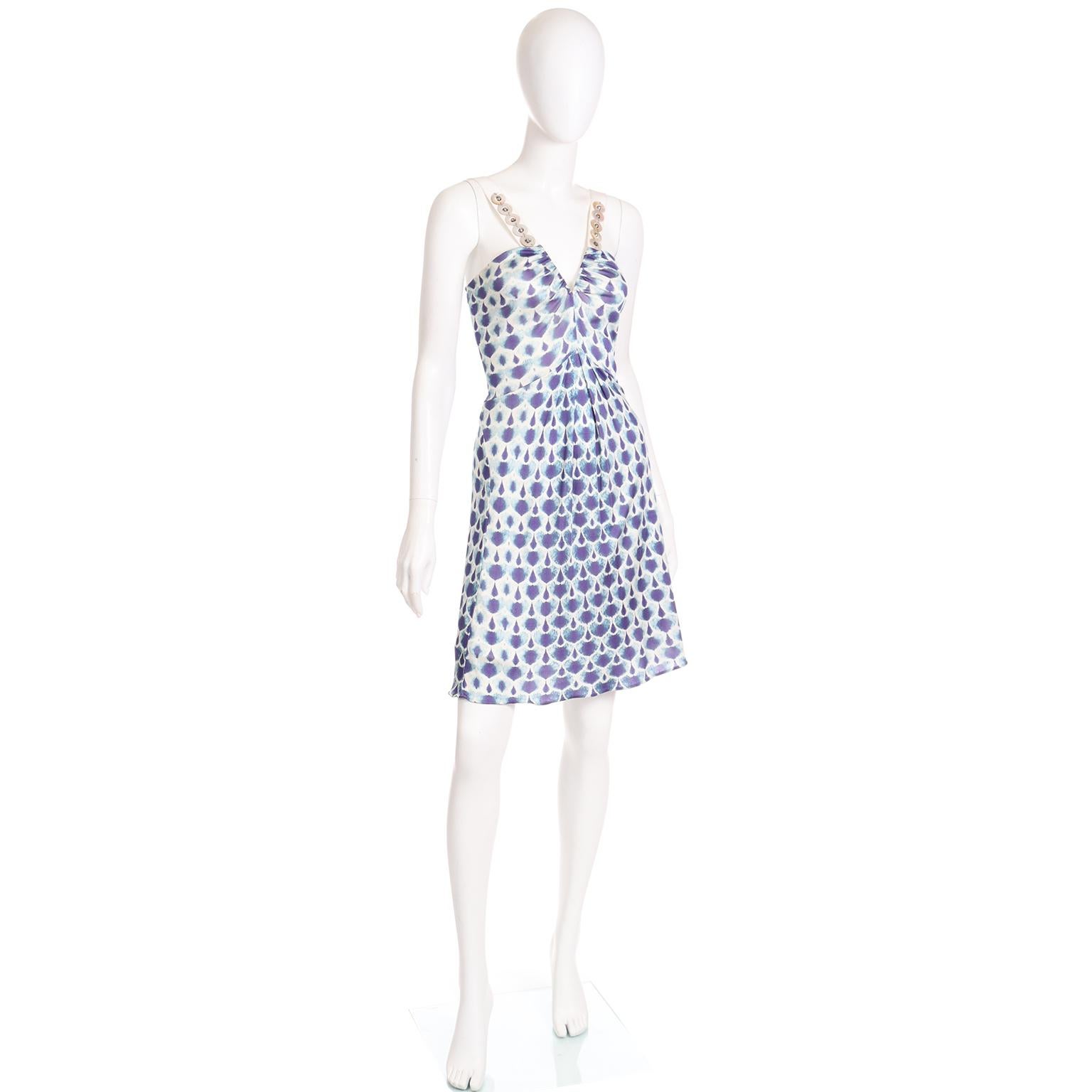 Alberta Ferretti Vintage Early 2000s Blue and White Low V Dress W Shell Details 1