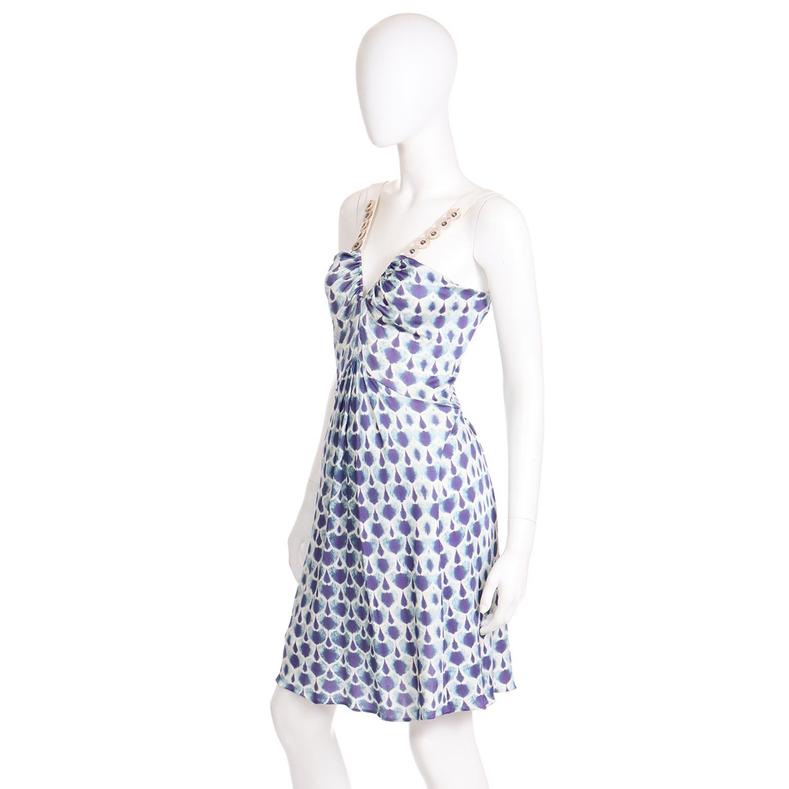 Alberta Ferretti Vintage Early 2000s Blue and White Low V Dress W Shell Details 2