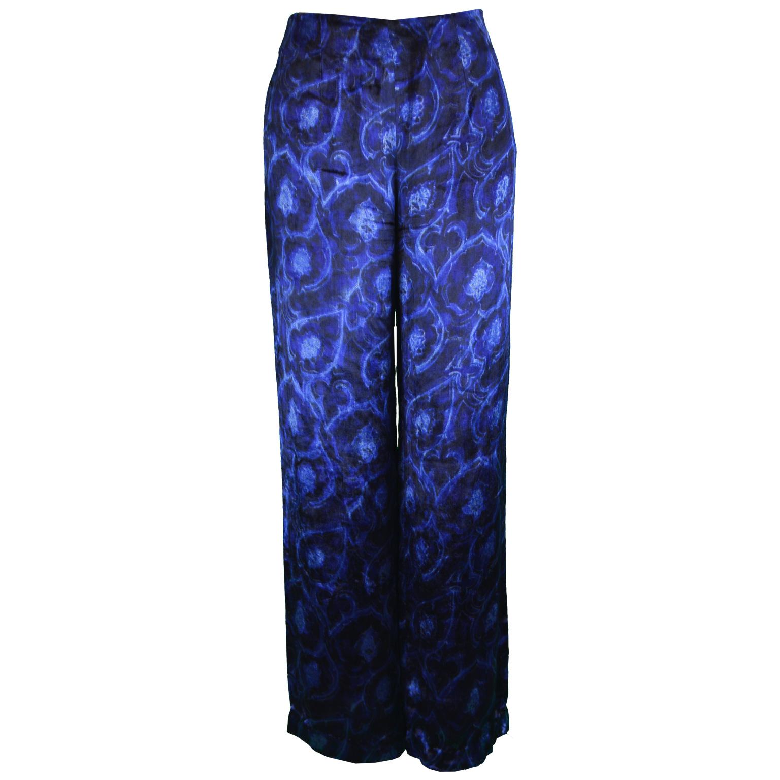 Alberta Ferretti Vintage Blue Velvet Wide Leg Evening Pants, 1990s 