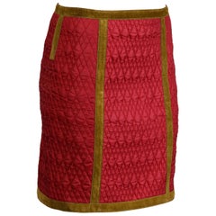 Alberta Ferretti jupe matelassée vintage avec bordure en cuir de daim vert olive