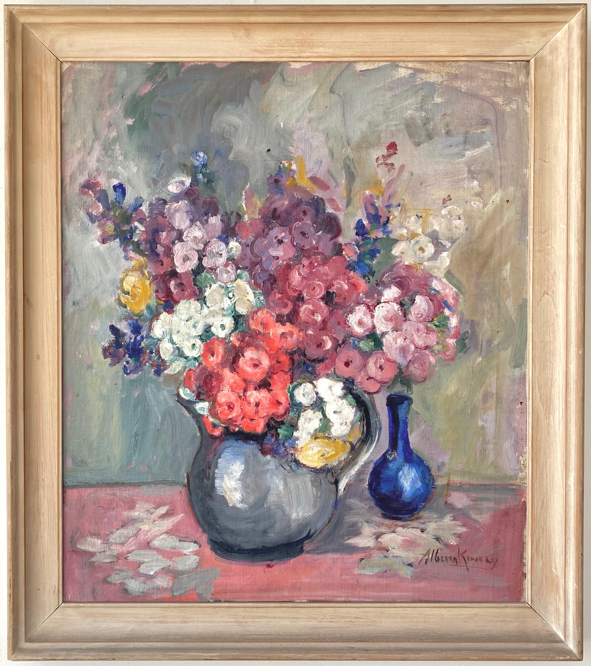A 1920s floral still life impressionist oil painting on canvas on board by important New Orleans artist Alberta Kinsey (b. 1875–1952).

Densely arranged berry-hued bouquet with white clusters and yellow accents explodes out of a silver pitcher.