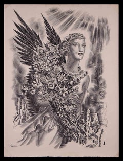 Winged Woman  - China Ink Drawing by Albert Decaris - 1960s