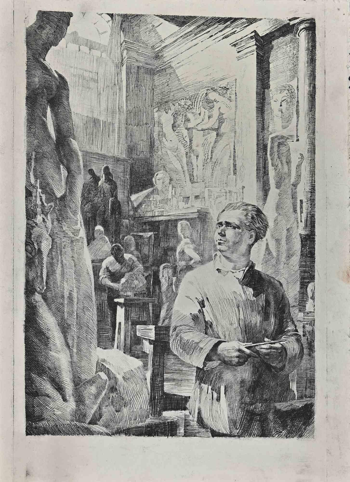 Albert Decaris Interior Print – Der Künstler in der Fine Art Academy -  Radierung - Mitte des 20. Jahrhunderts