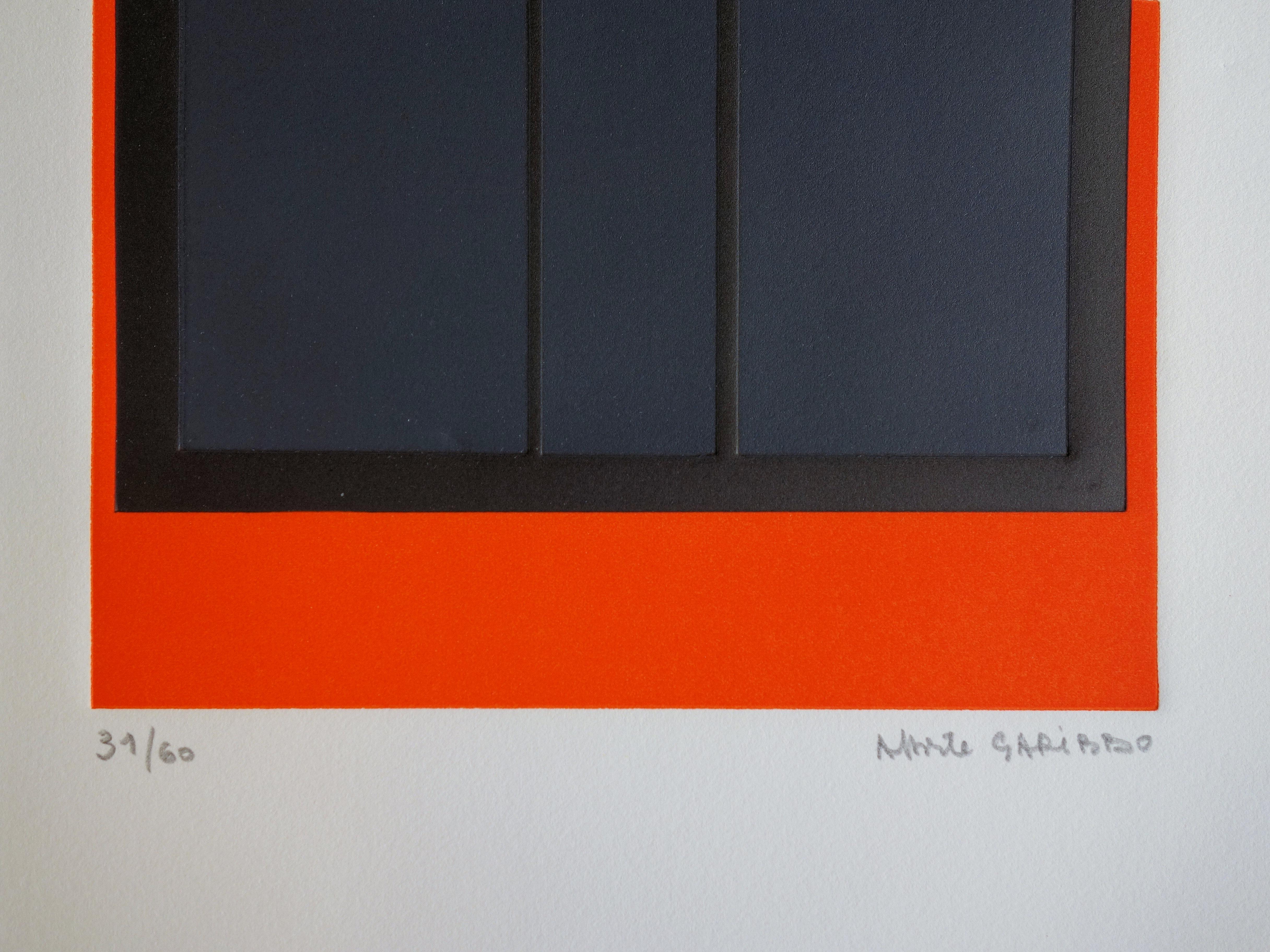 Black Squares on Orange - Original handsigned etching /60ex - Abstract Geometric Print by Alberte Garibbo