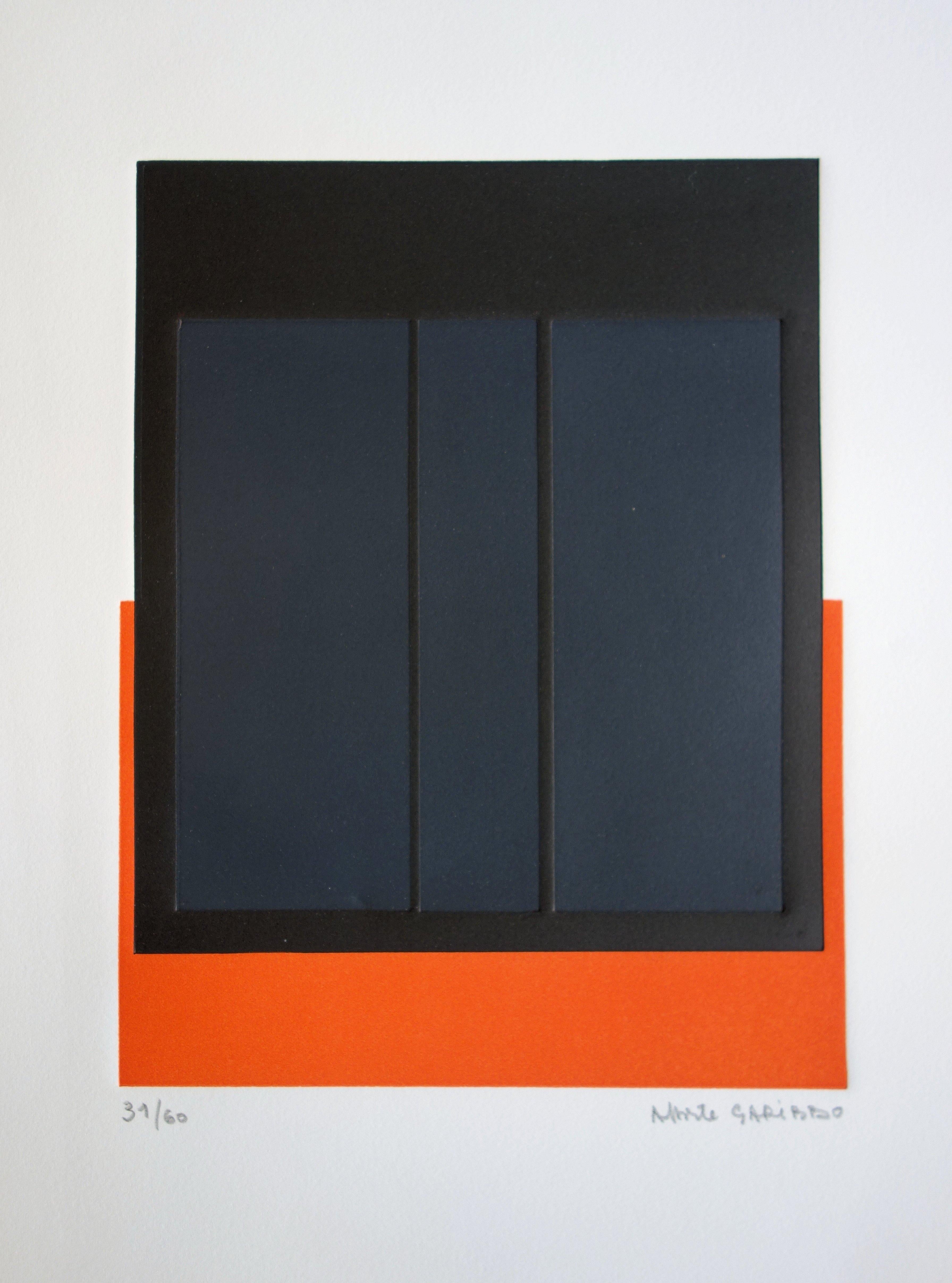 Alberte Garibbo Abstract Print - Black Squares on Orange - Original handsigned etching /60ex