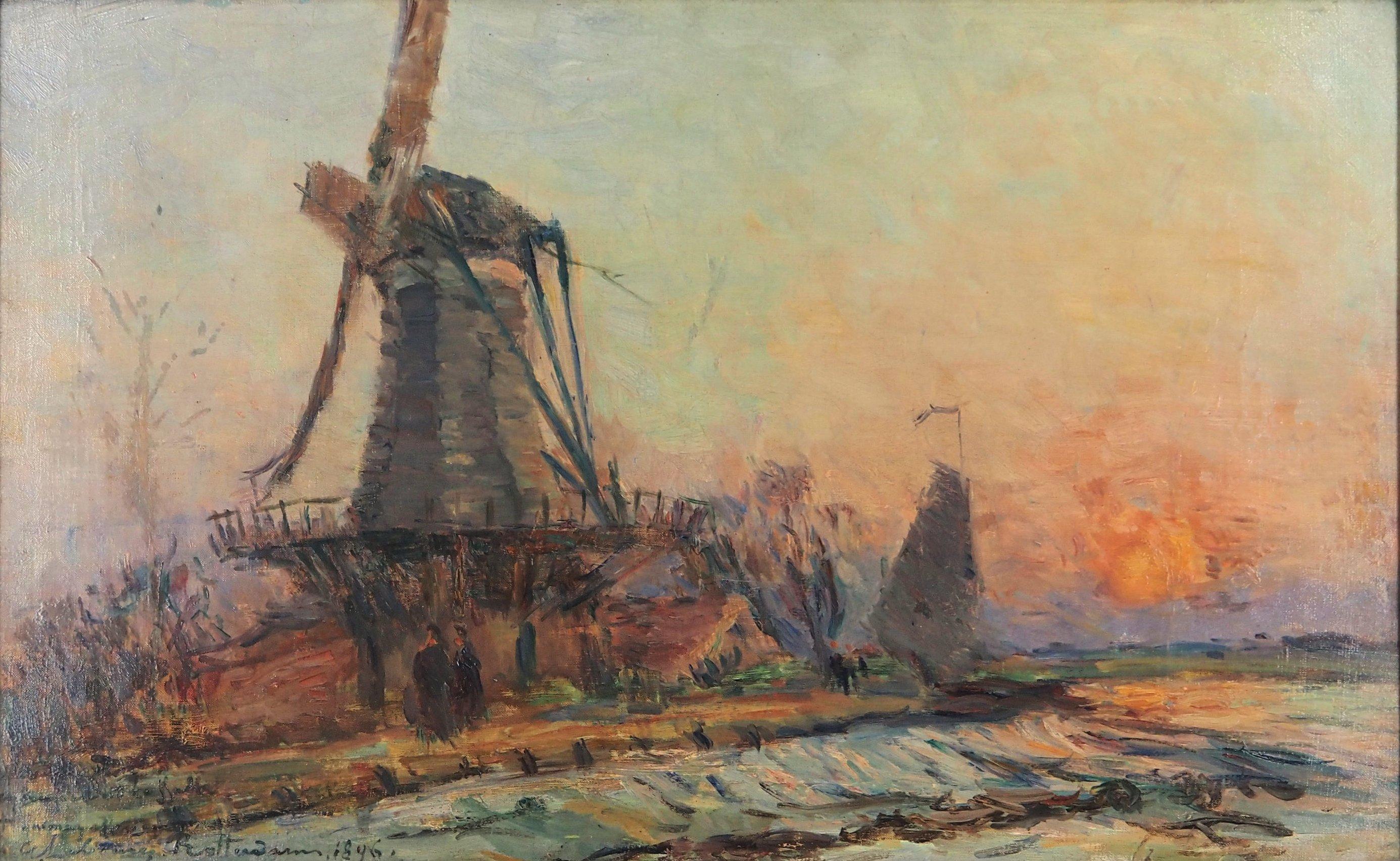 Holland : Windmill and Sunset near Rotterdam - Original Oil on Canvas, Signed - Painting by Albert Lebourg