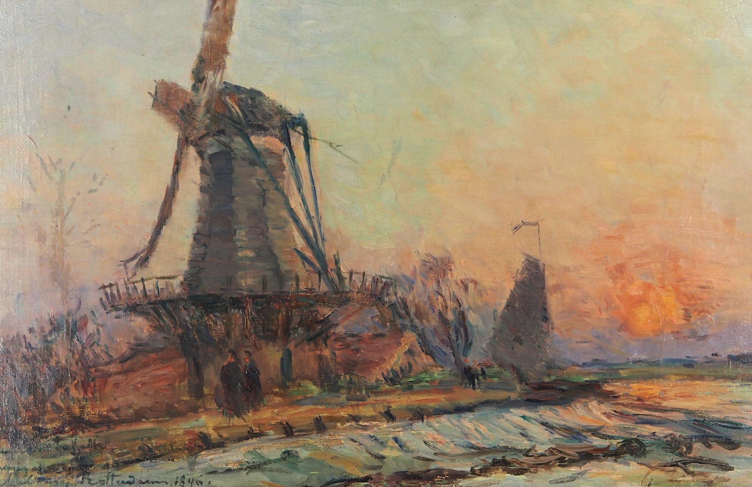 Hollande : Windmill and Sunset près de Rotterdam - Huile sur toile originale, signée - Impressionnisme Painting par Albert Lebourg