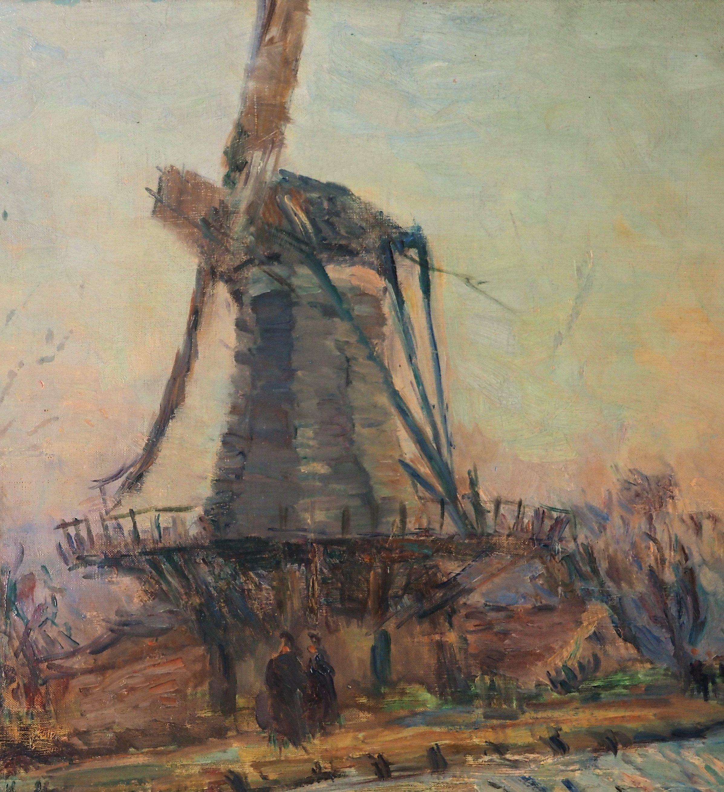 Hollande : Windmill and Sunset près de Rotterdam - Huile sur toile originale, signée 1