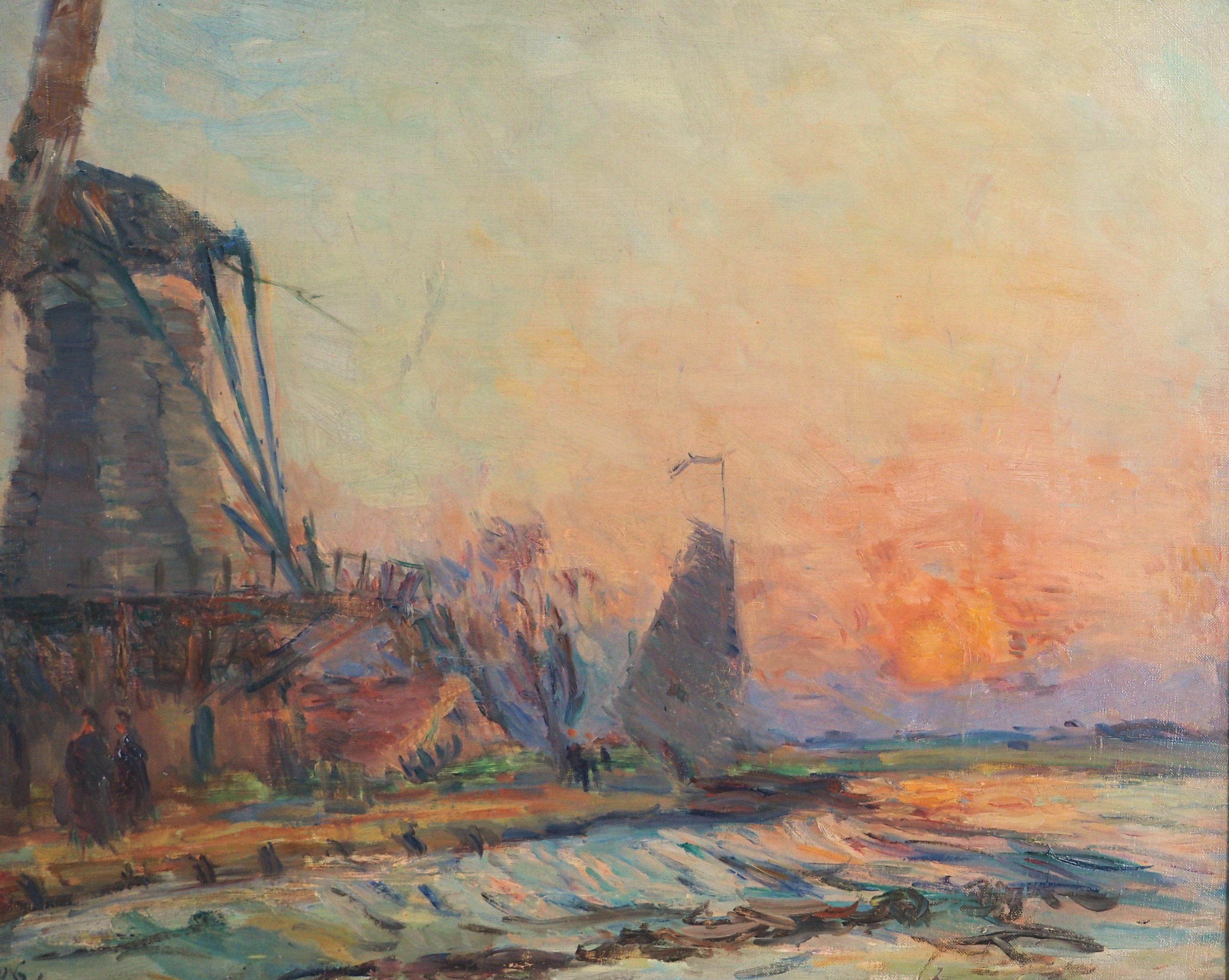Holanda : Molino de viento y puesta de sol cerca de Rotterdam - Óleo original sobre lienzo, Firmado 1