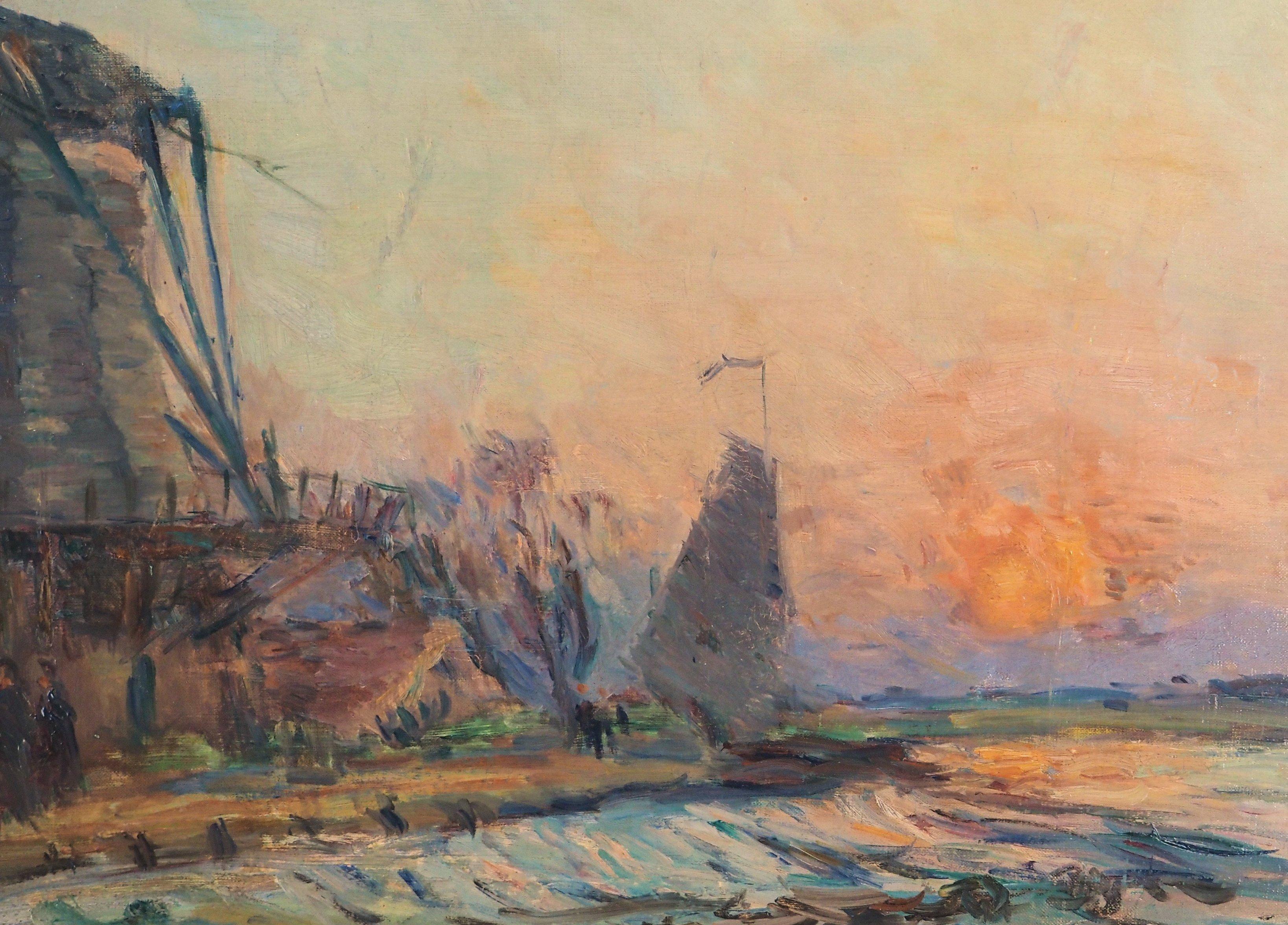 Holland : Windmill and Sunset near Rotterdam - Original Oil on Canvas, Signed - Brown Landscape Painting by Albert Lebourg