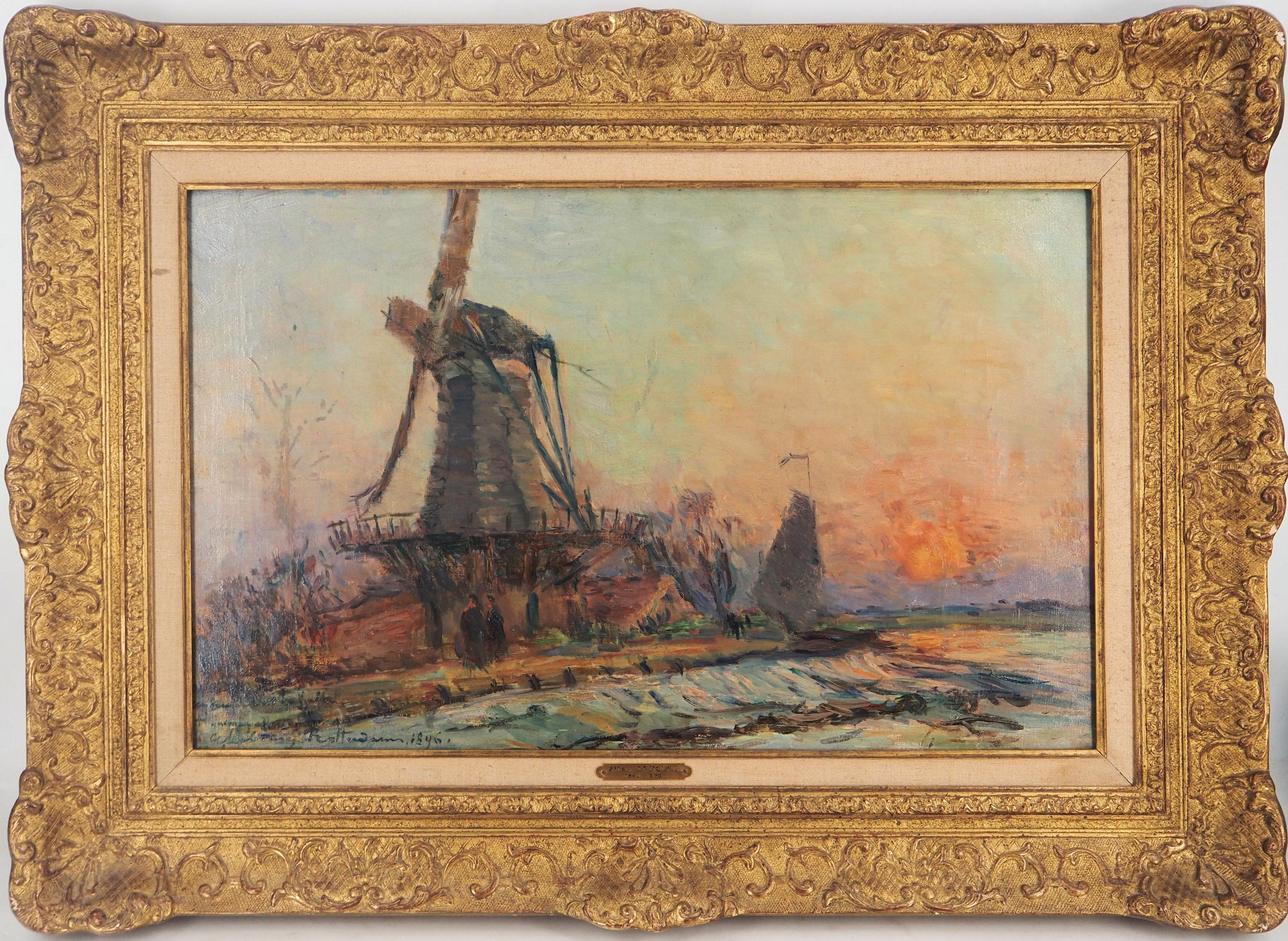 Landscape Painting de Albert Lebourg - Holanda : Molino de viento y puesta de sol cerca de Rotterdam - Óleo original sobre lienzo, Firmado