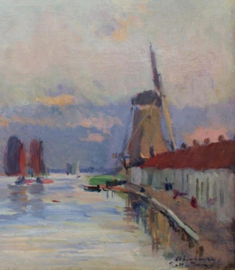 LE MOULIN A VENT SUR LE CANAL À ROTTERDAM Niederländisches Gemälde auf Leinwand aus dem 19. im Angebot 1