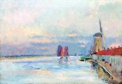 Antique LE MOULIN A VENT SUR LE CANAL À ROTTERDAM Dutch 19th C oil canvas painting
