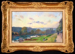 On the Seine - 19th Century Oil, Figures & Trees by River Landscape by A Lebourg