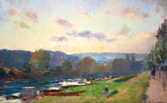 On the Seine - 19th Century Oil, Figures & Trees by River Landscape by A Lebourg