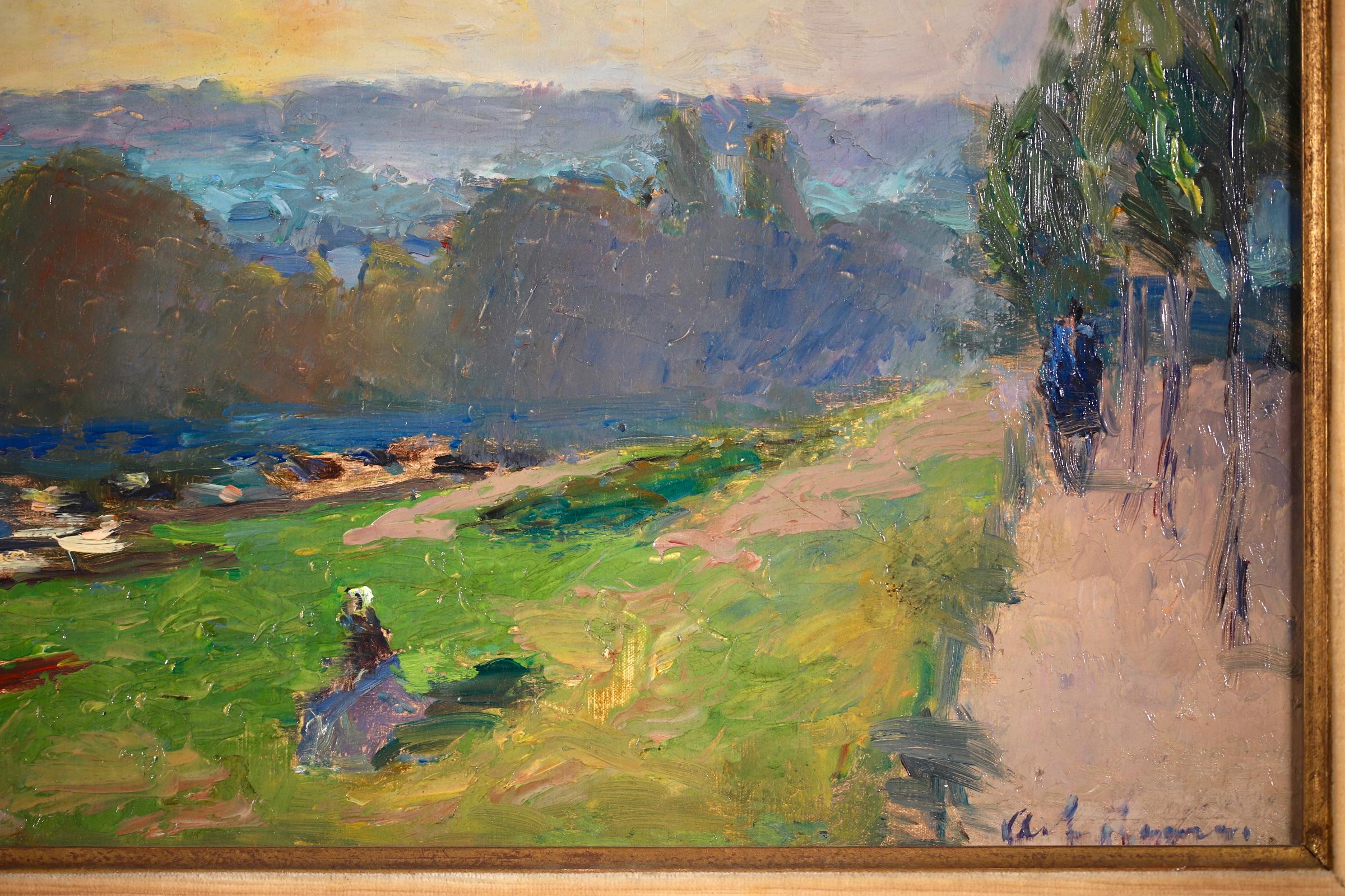 On the Seine - 19th Century Oil, Figures & Trees by River Landscape by A Lebourg - Impressionist Painting by Albert Lebourg