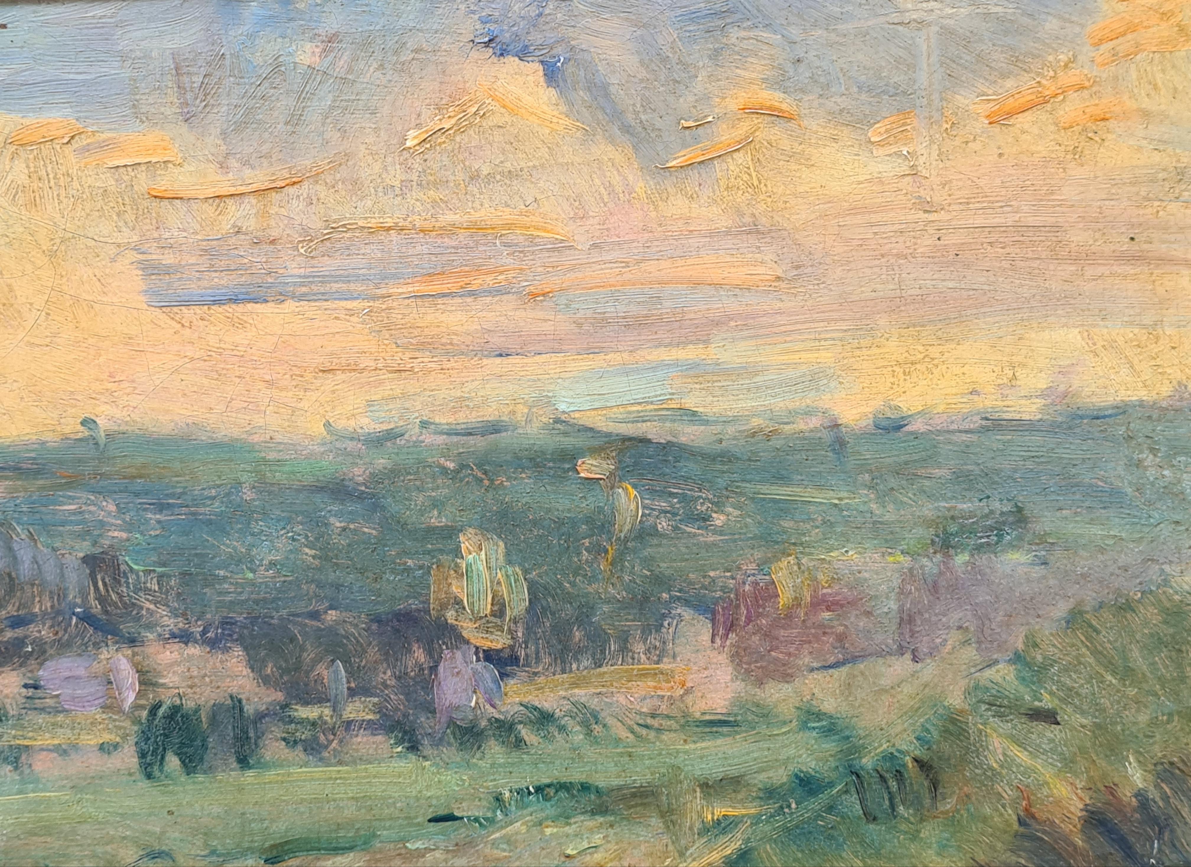 Paysage a Puteaux, olio su tela impressionista francese d'epoca - Landscape Painting Marrone di Albert Lebourg