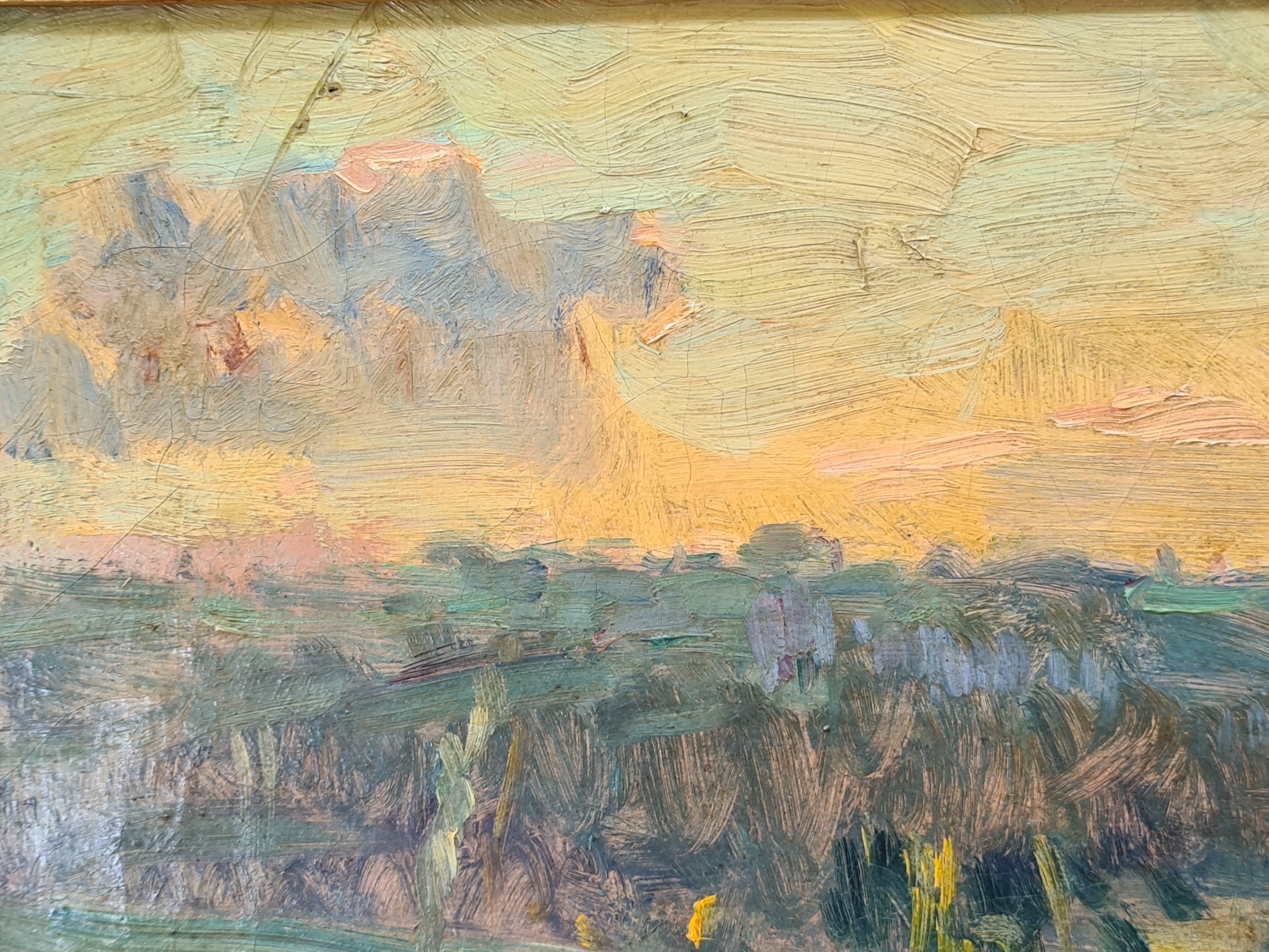 Paysage a Puteaux, huile sur toile impressionniste française d'époque 1