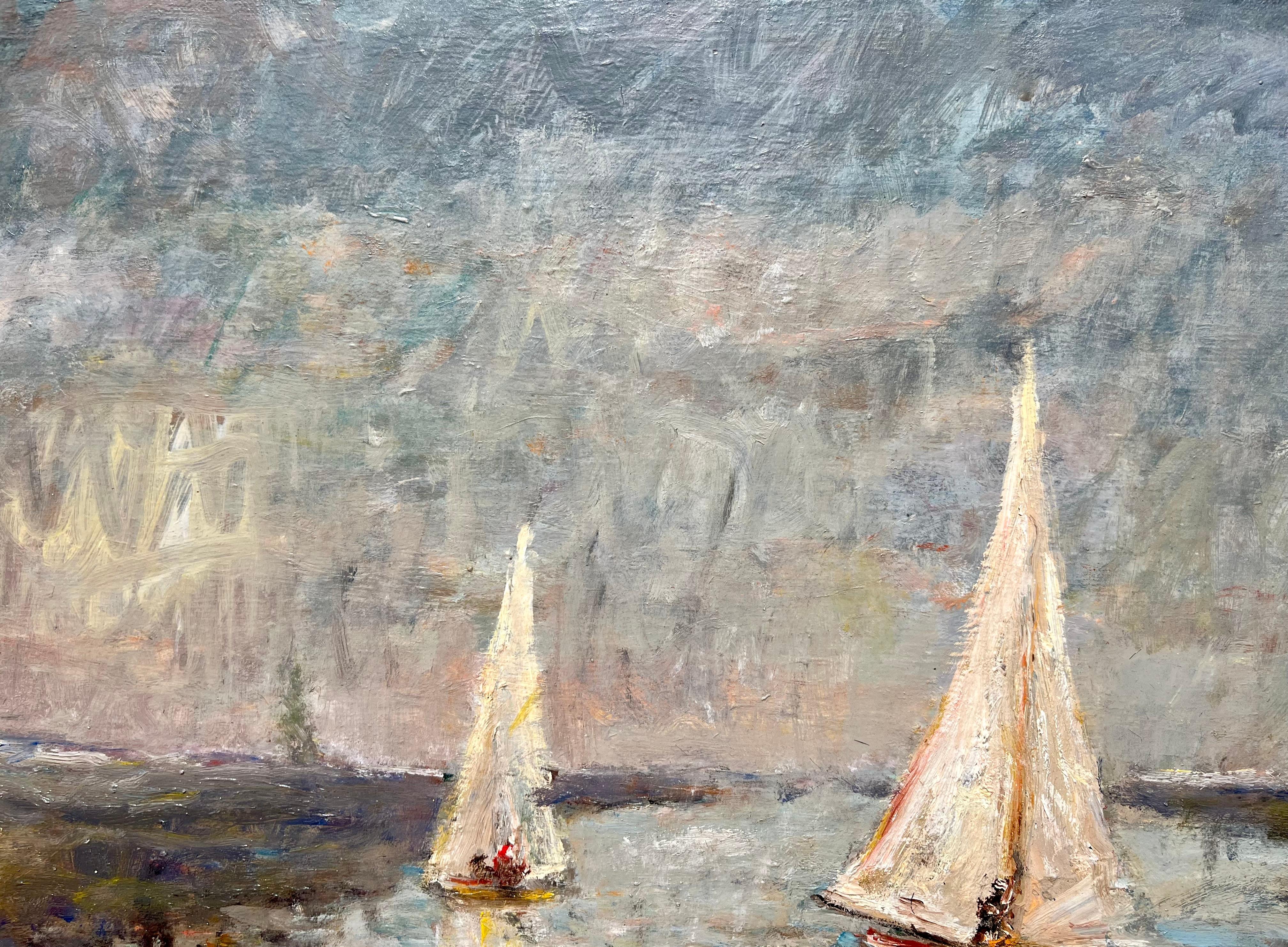 Voile sur la rivière Seine, France - Gris Landscape Painting par Albert Lebourg