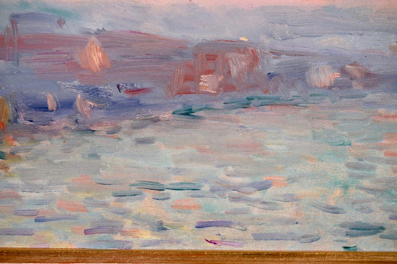 Une belle huile sur papier marouflé sur toile par Albert Charles Lebourg montrant une vue de la Seine à Rouen, les tons roses et verts du ciel décrivant magnifiquement le coucher du soleil et les mouchetures bleu foncé dans l'eau bleu pâle en
