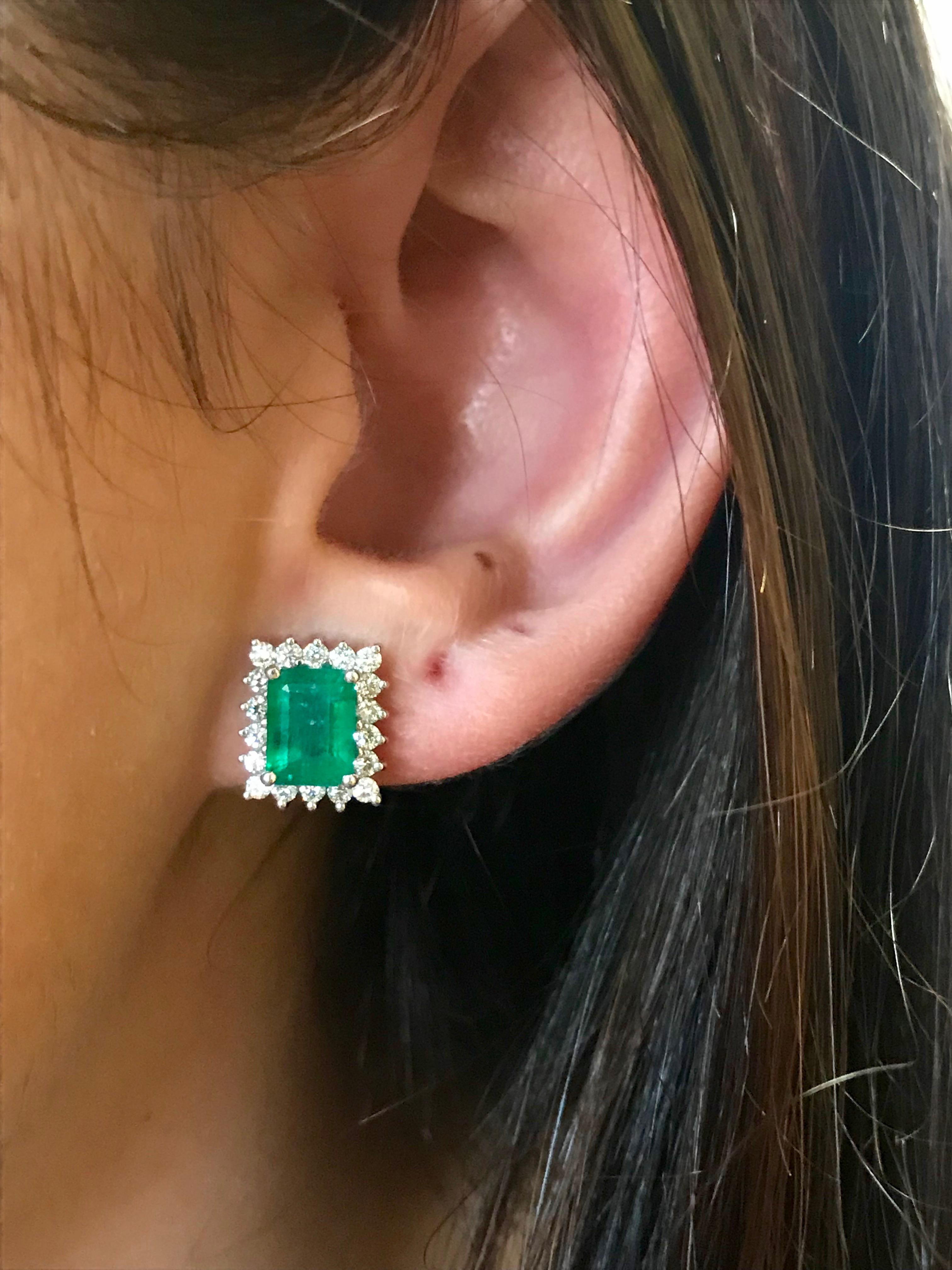 Alberto 3.33 Carat Emerald Cut Emerald and Diamond White Gold Stud Earring In New Condition In GREAT NECK, NY