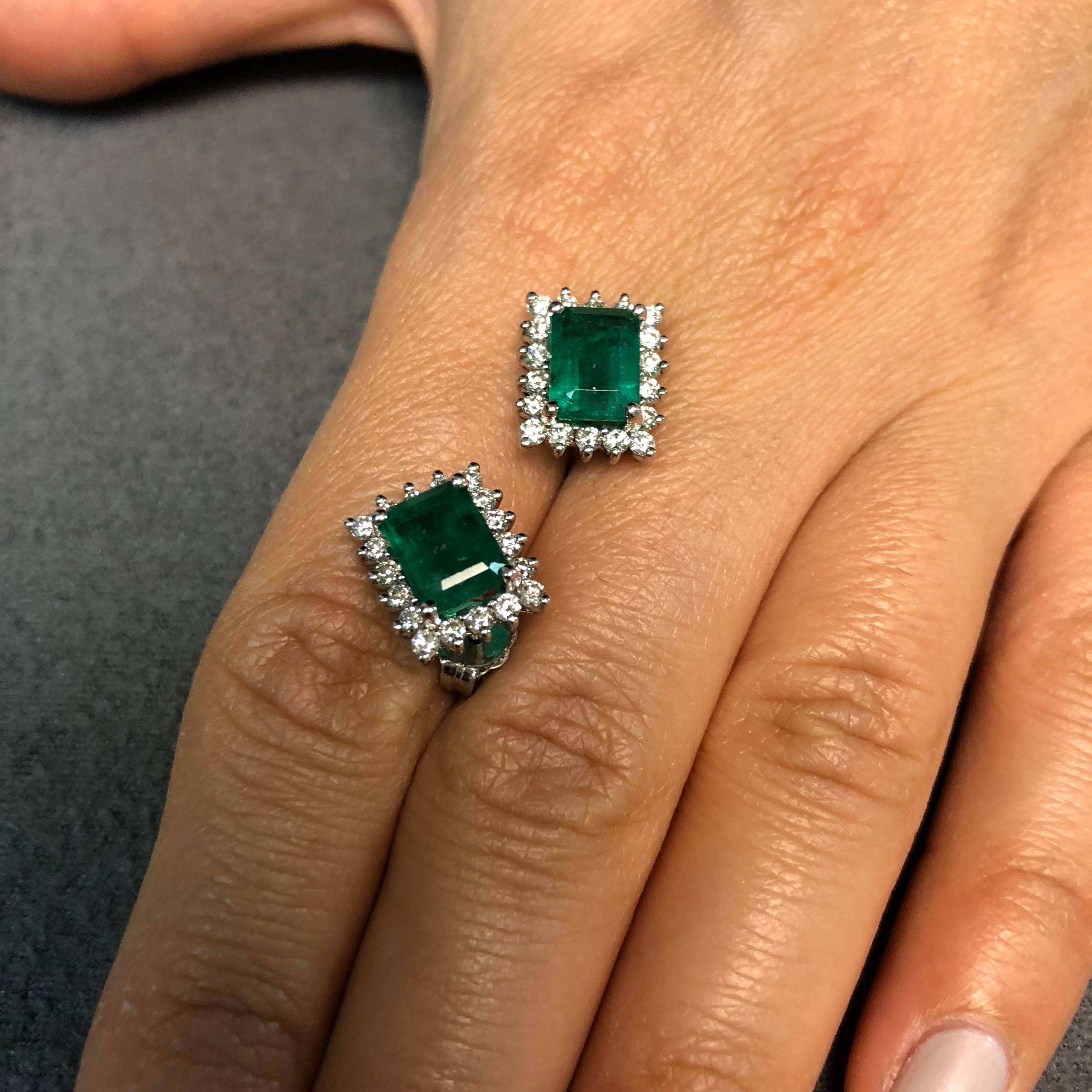 Women's Alberto 3.33 Carat Emerald Cut Emerald and Diamond White Gold Stud Earring