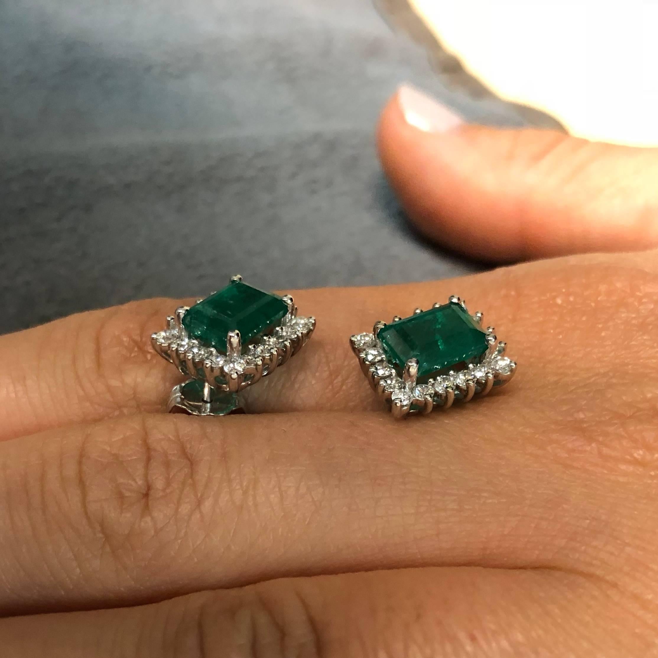Alberto 3.33 Carat Emerald Cut Emerald and Diamond White Gold Stud Earring 1