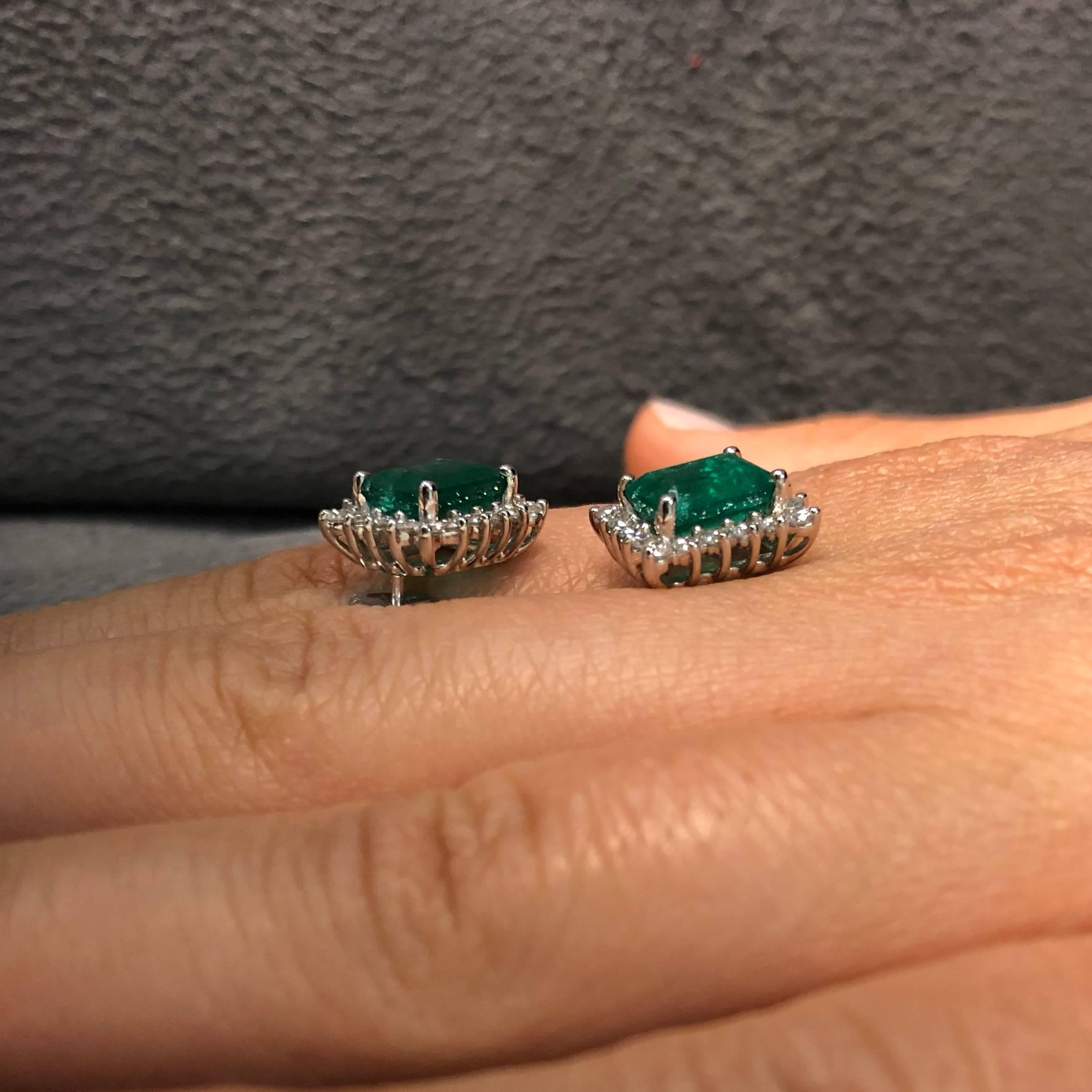 Alberto 3.33 Carat Emerald Cut Emerald and Diamond White Gold Stud Earring 2