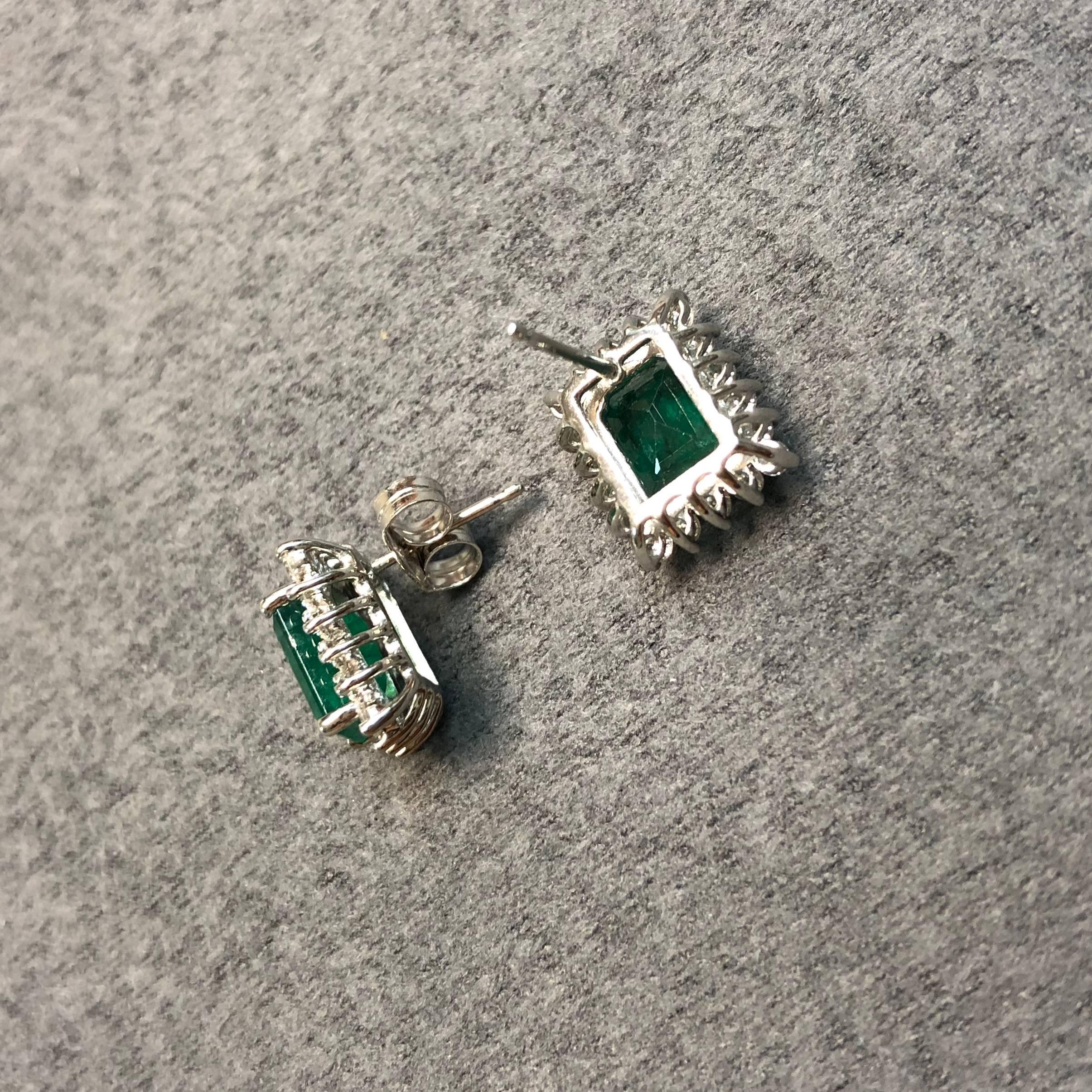 Alberto 3.33 Carat Emerald Cut Emerald and Diamond White Gold Stud Earring 3
