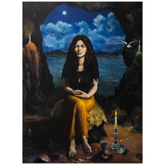 Vintage Alberto Abate 1973 Italian Oil on Canvas Portrait of Lady Cavern Sea