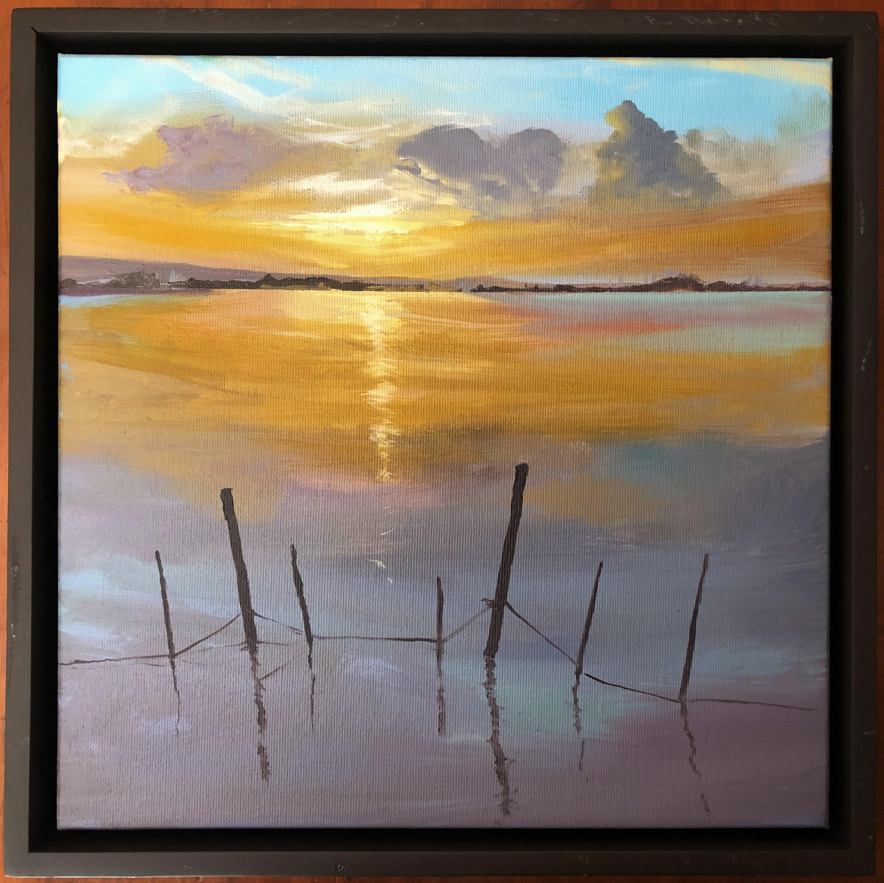 Sun in the Albufera of Valencia Spain oil on canvas painting landscape - Painting by Alberto Biesok