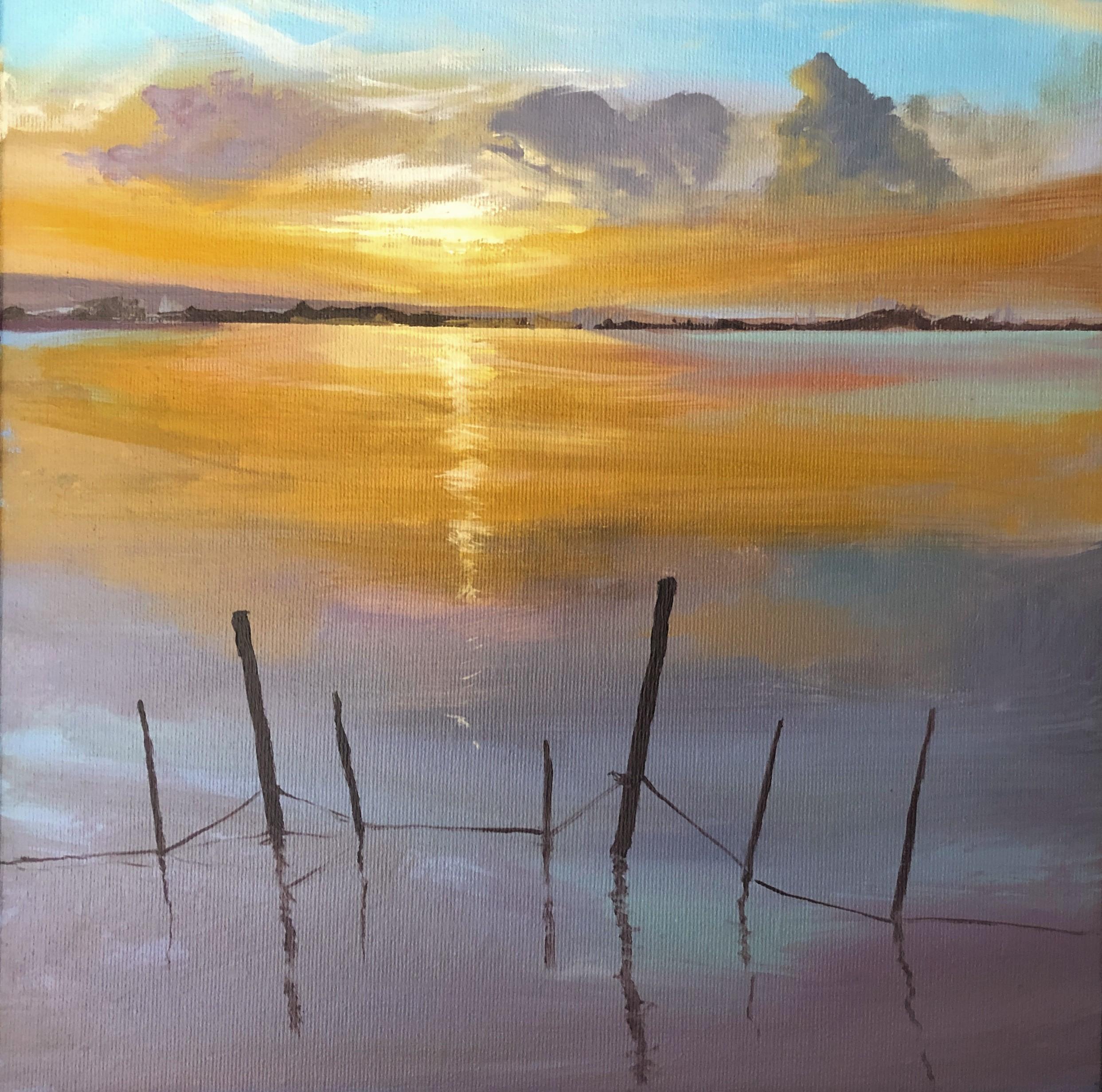 Alberto Biesok Landscape Painting - Sun in the Albufera of Valencia Spain oil on canvas painting landscape