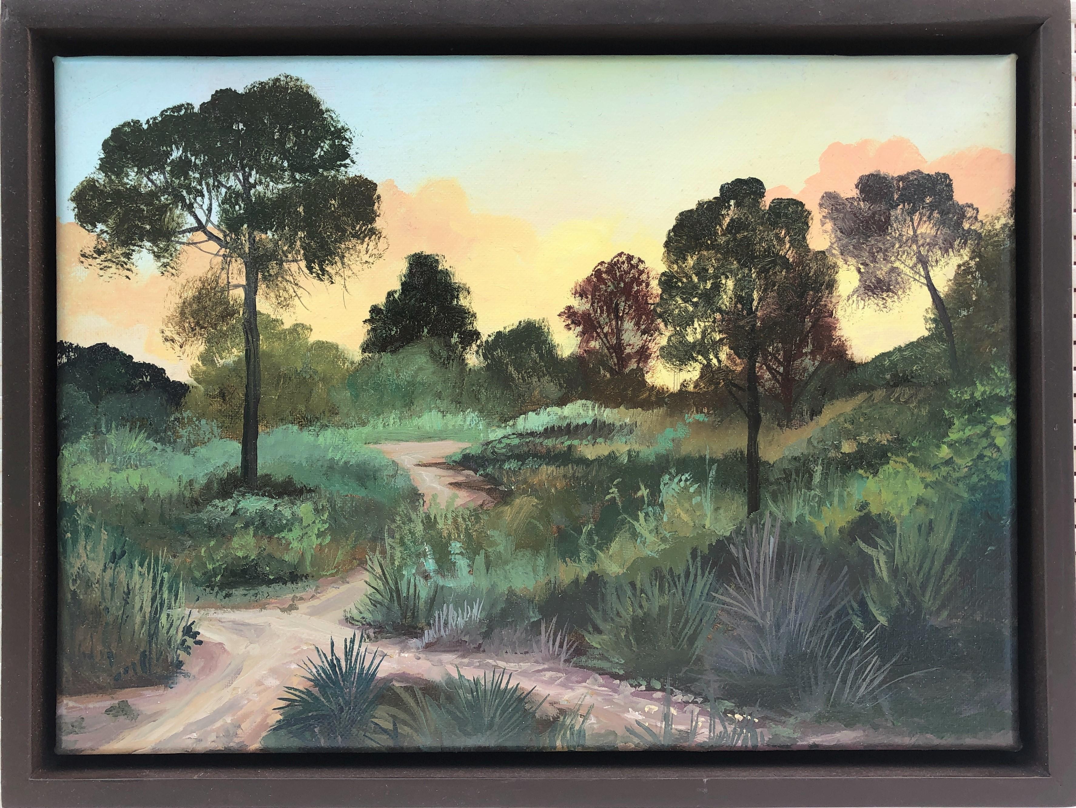 Peinture à l'huile sur toile - Paysage marin, coucher de soleil dans la forêt - Painting de Alberto Biesok