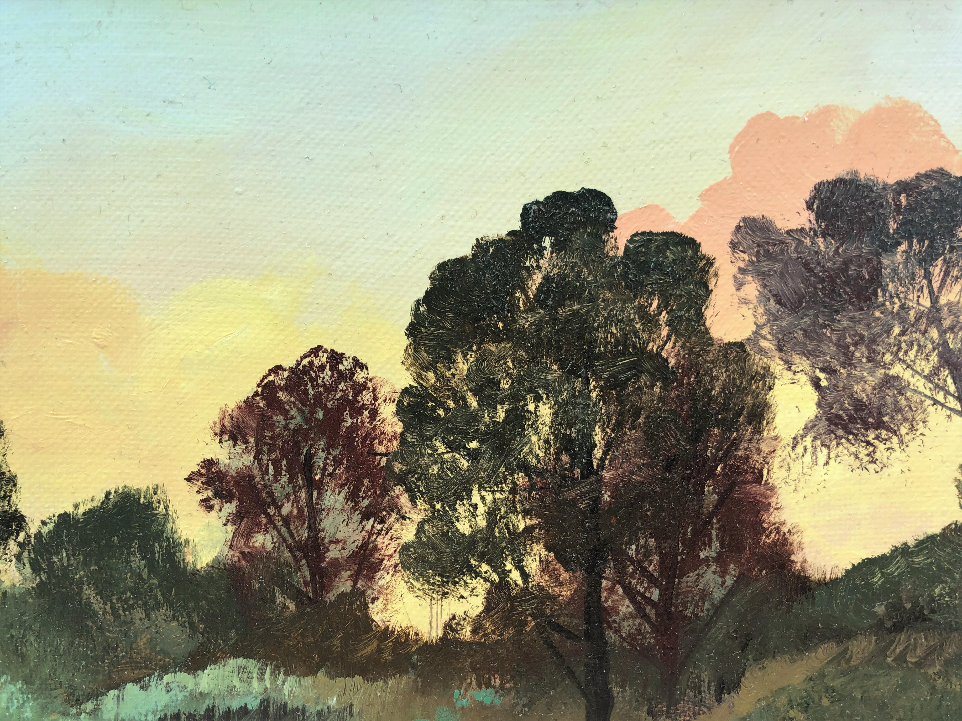 Peinture à l'huile sur toile - Paysage marin, coucher de soleil dans la forêt - Réalisme Painting par Alberto Biesok