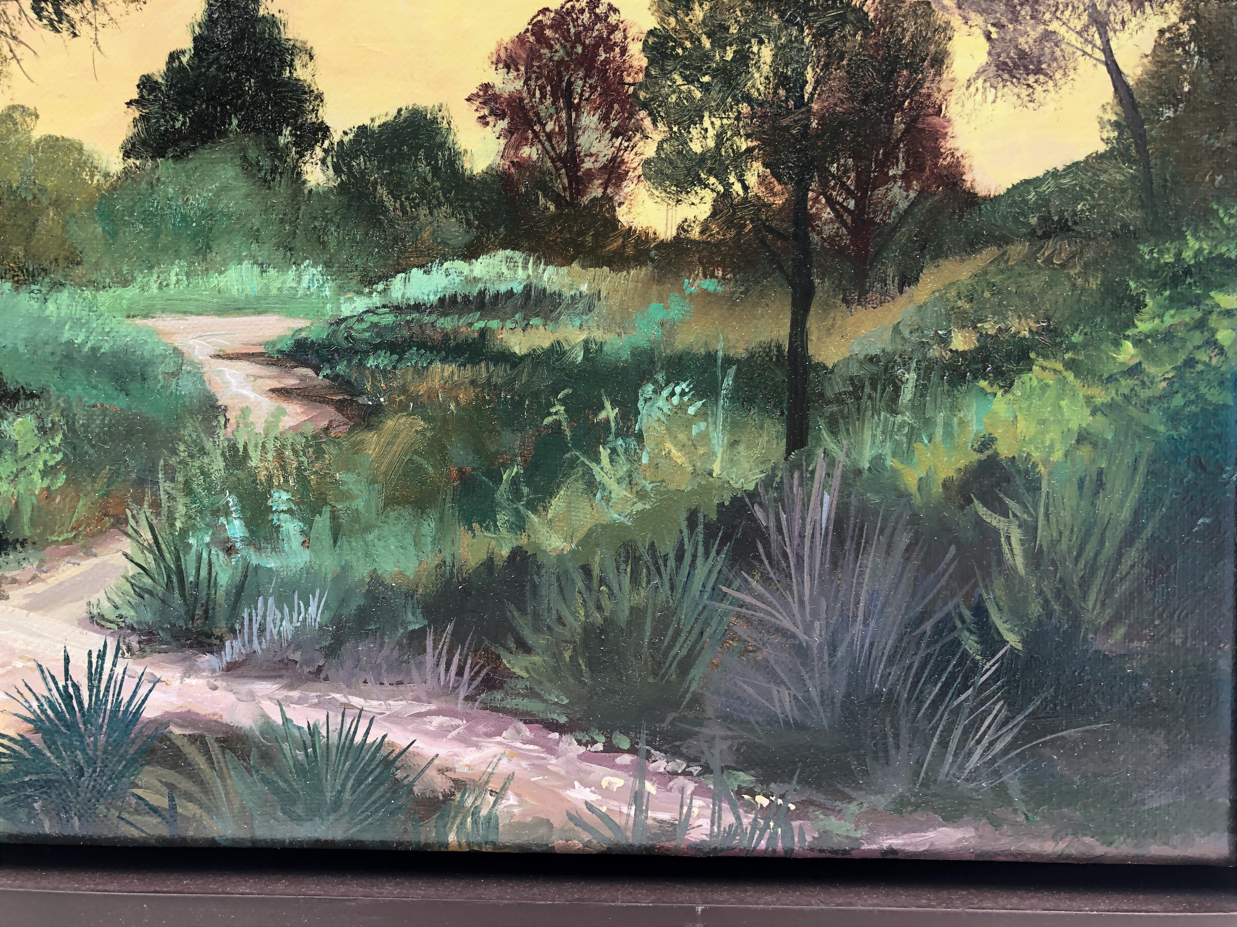 Peinture à l'huile sur toile - Paysage marin, coucher de soleil dans la forêt - Gris Landscape Painting par Alberto Biesok