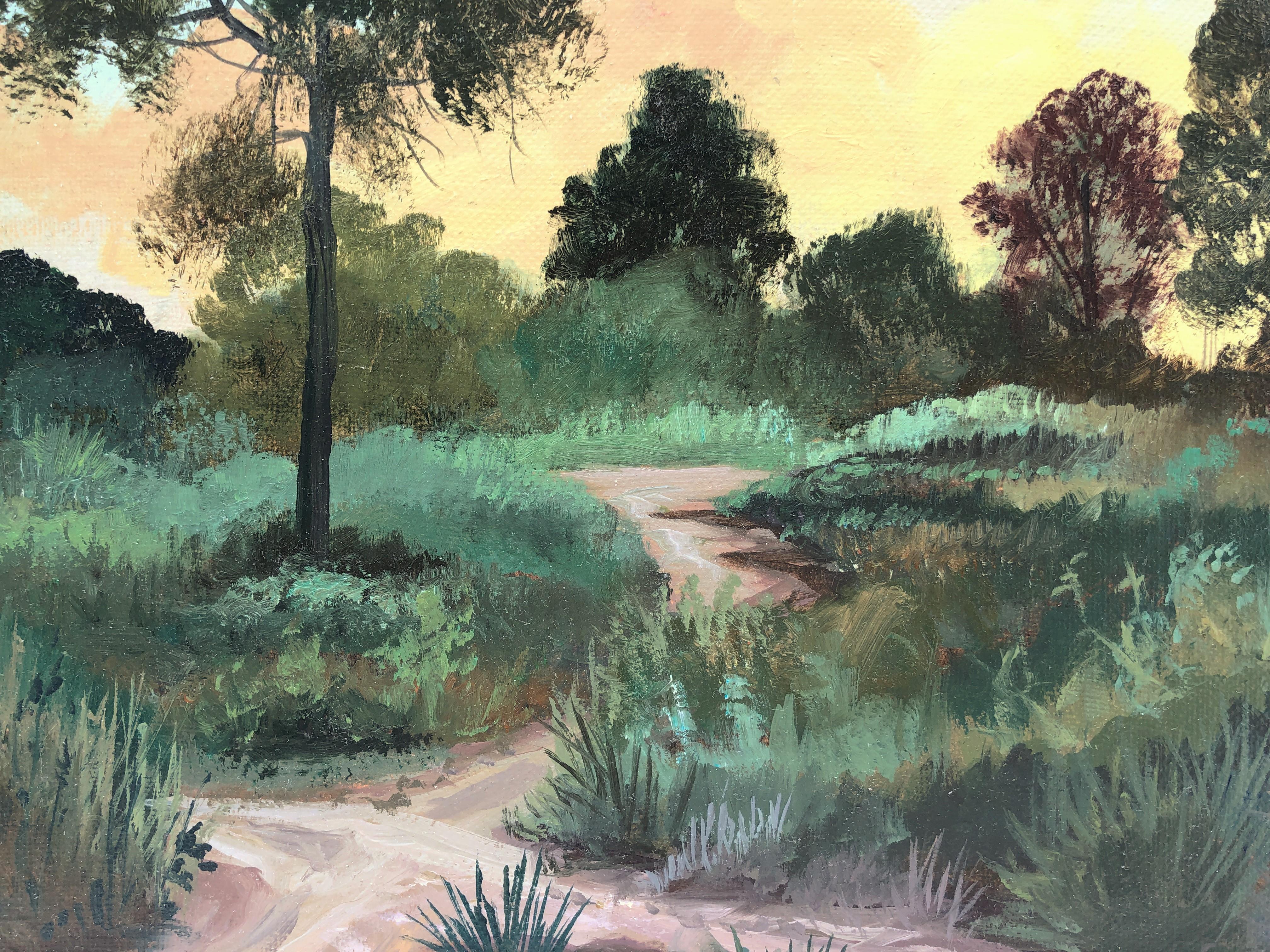 Peinture à l'huile sur toile - Paysage marin, coucher de soleil dans la forêt en vente 1