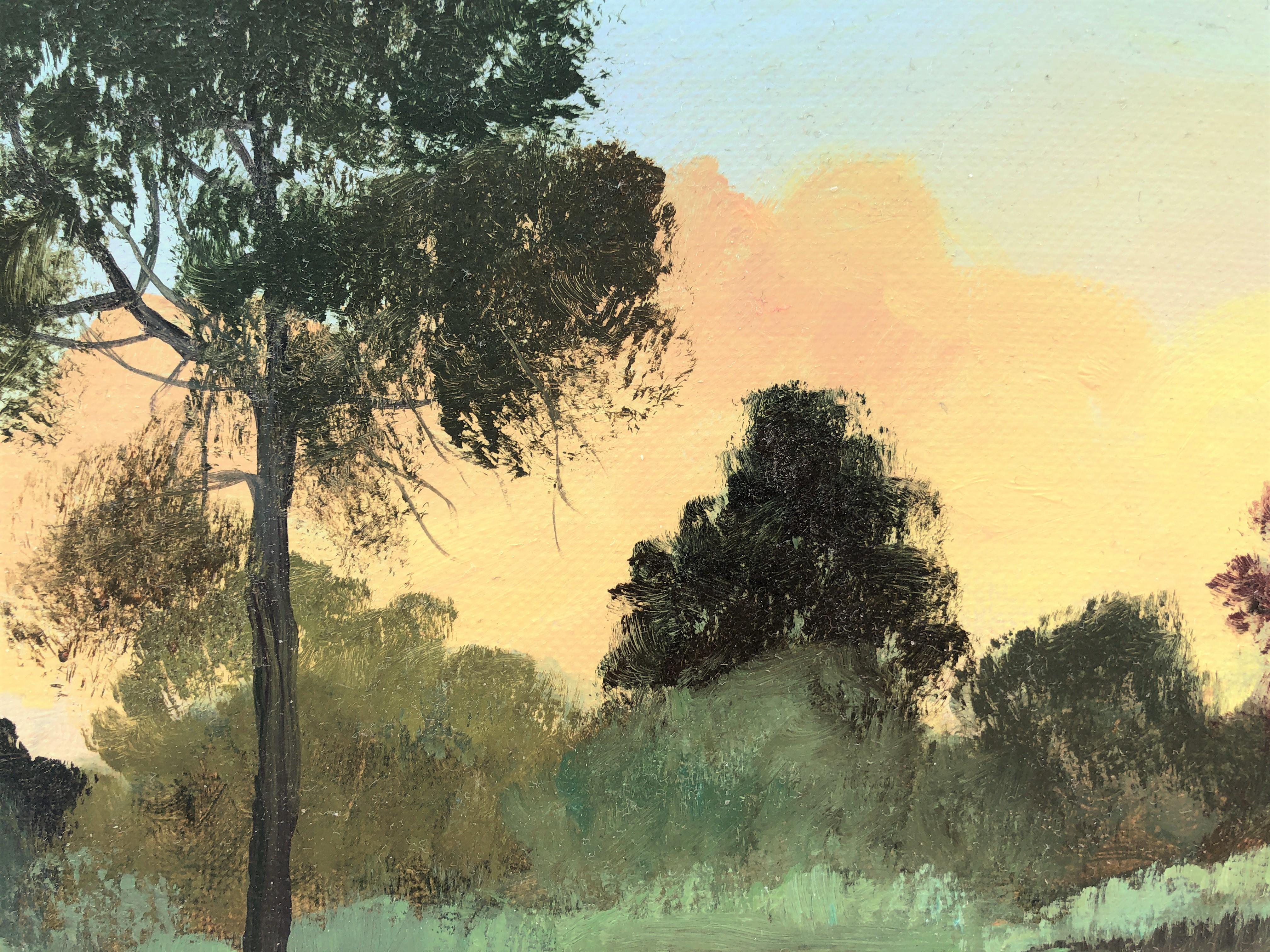 Peinture à l'huile sur toile - Paysage marin, coucher de soleil dans la forêt en vente 2