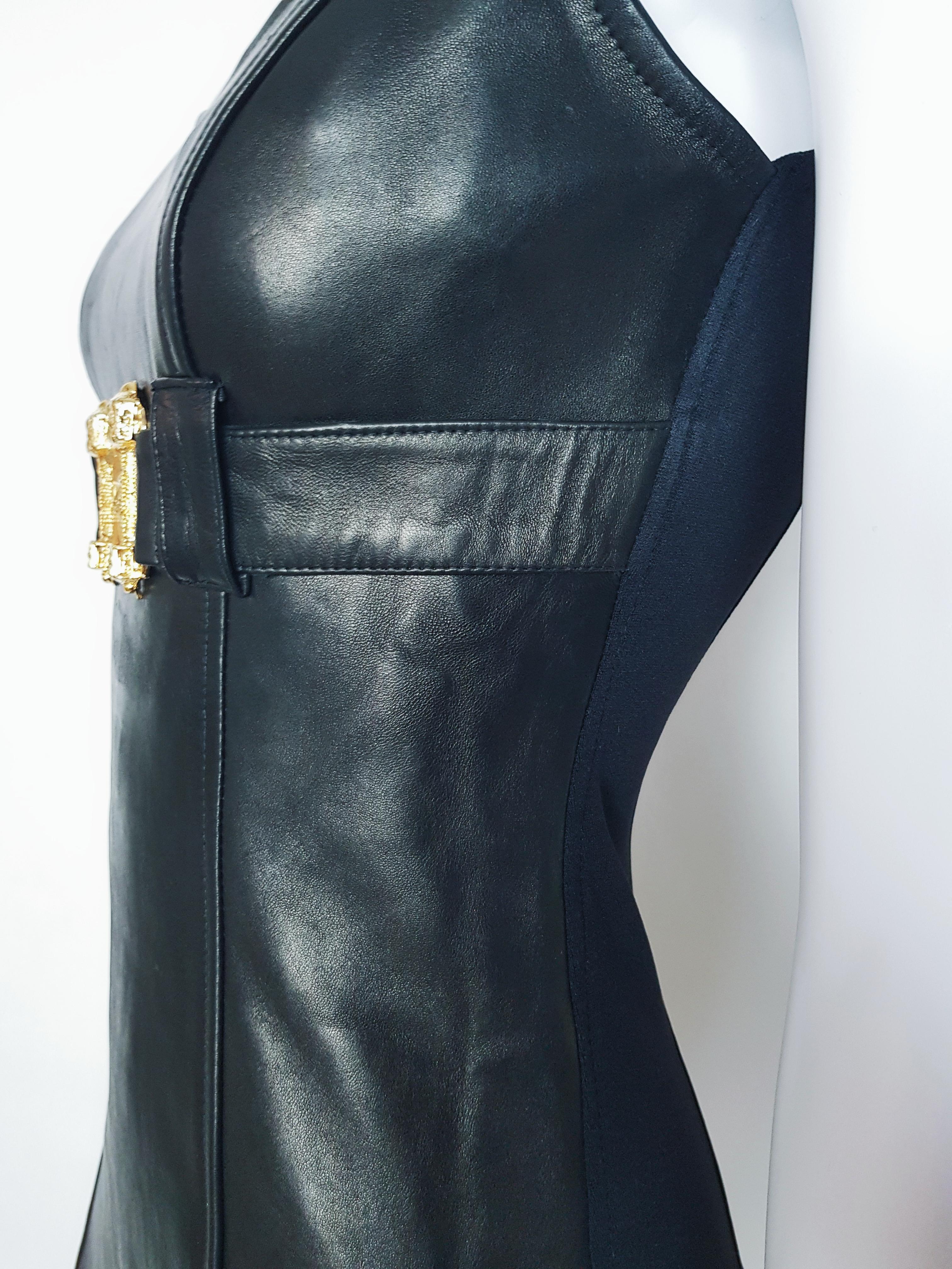 ALBERTO BINI 1990 leather mini dress with gold tone Lion NEW with tag For Sale 1