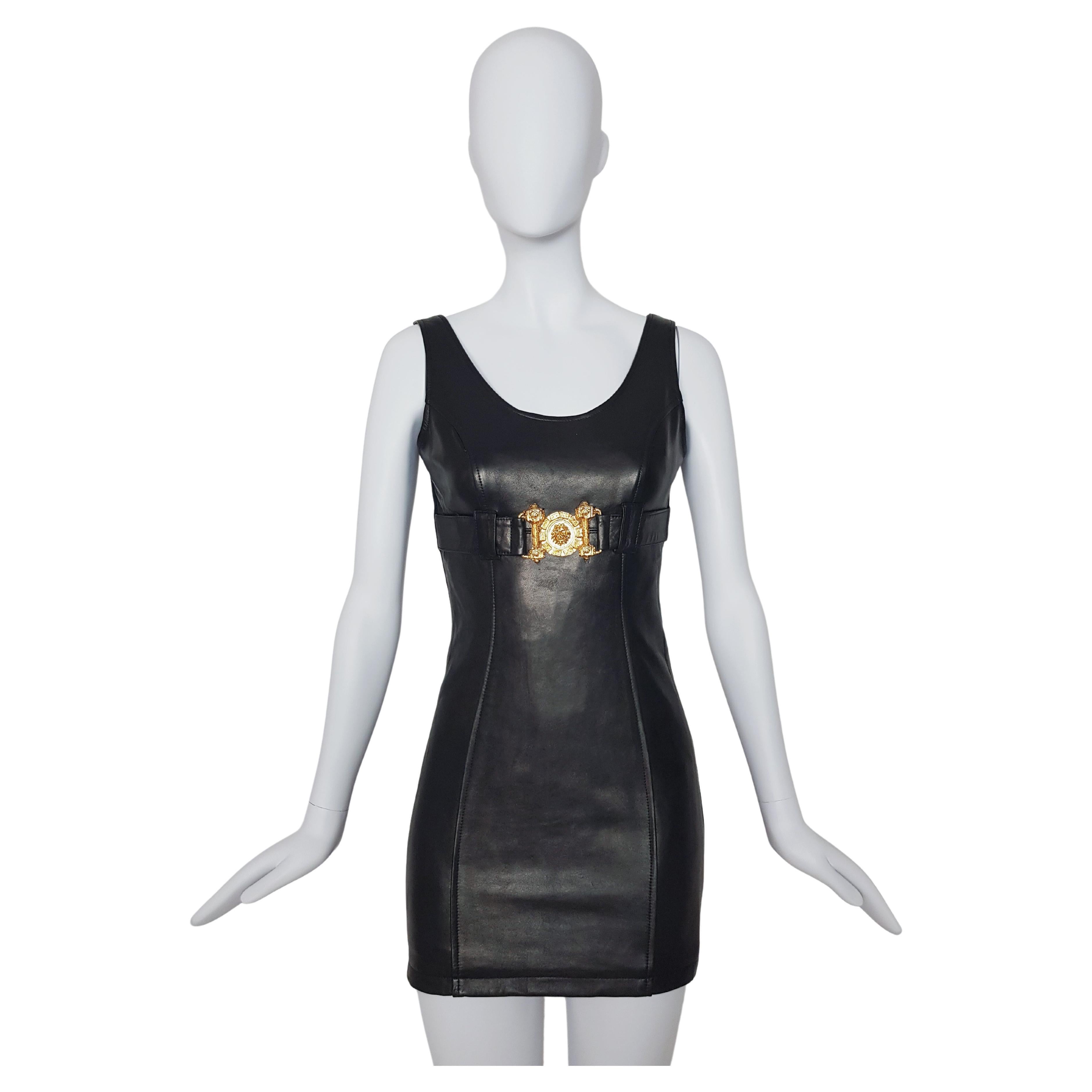ALBERTO BINI 1990 leather mini dress with gold tone Lion NEW with tag For Sale