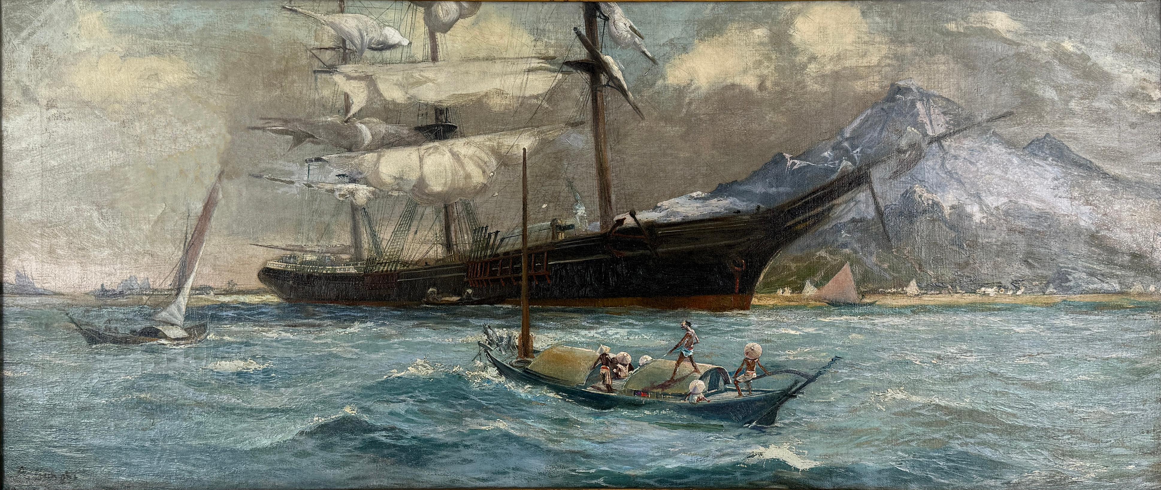 19th Century Original Oil Malaysian Fishermen and Schooner - Painting by Alberto Bonghi