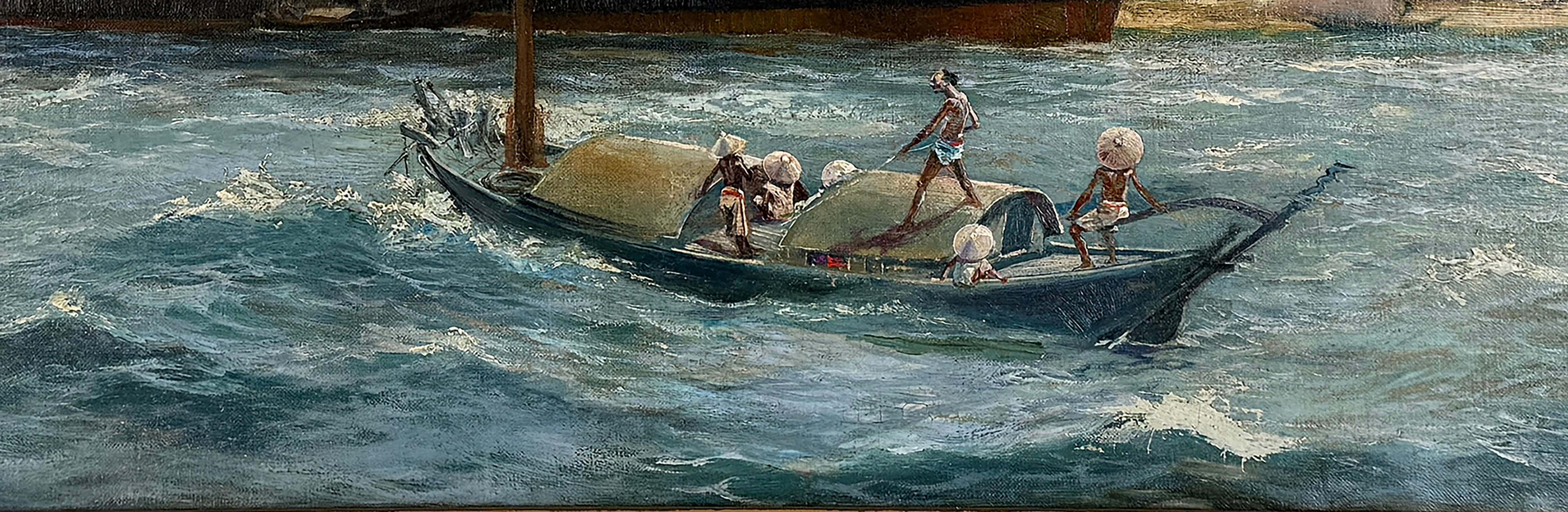 19th Century Original Oil Malaysian Fishermen and Schooner - Impressionist Painting by Alberto Bonghi