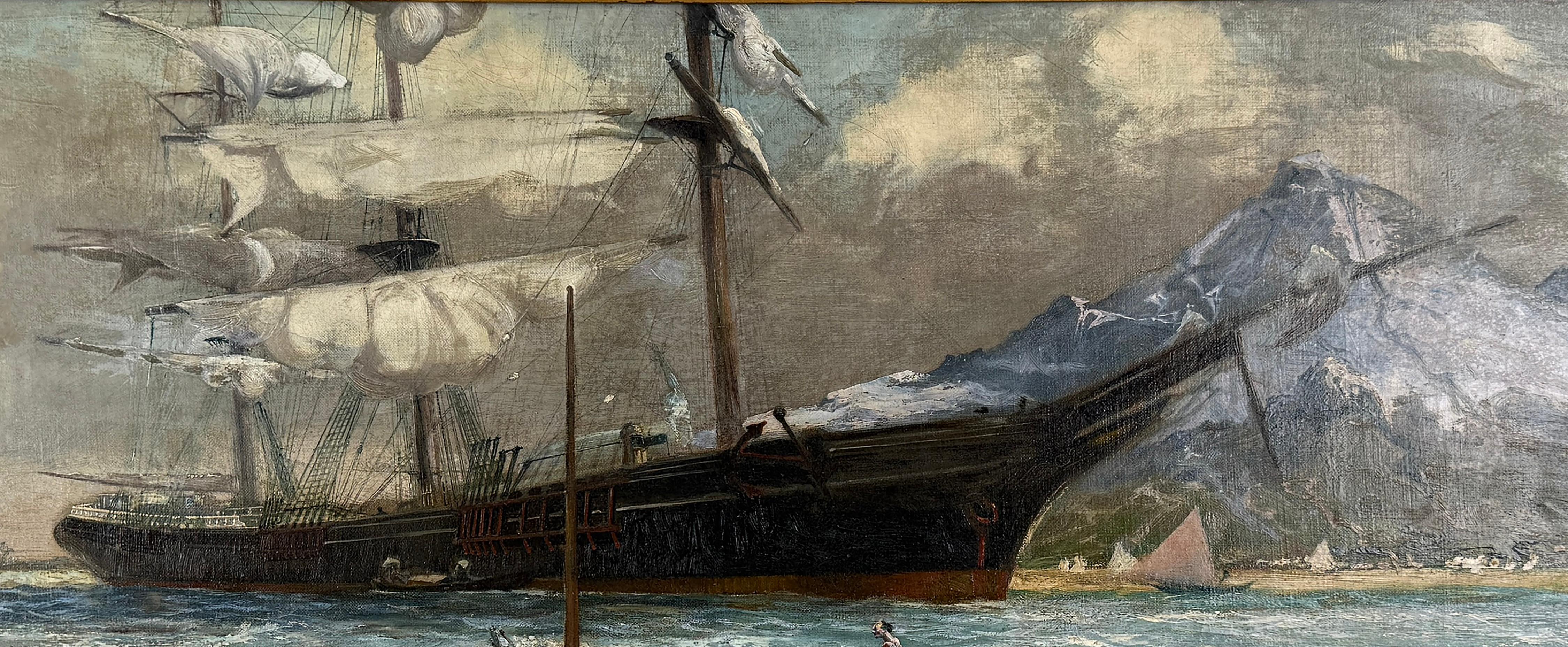 19th Century Original Oil Malaysian Fishermen and Schooner - Gray Landscape Painting by Alberto Bonghi