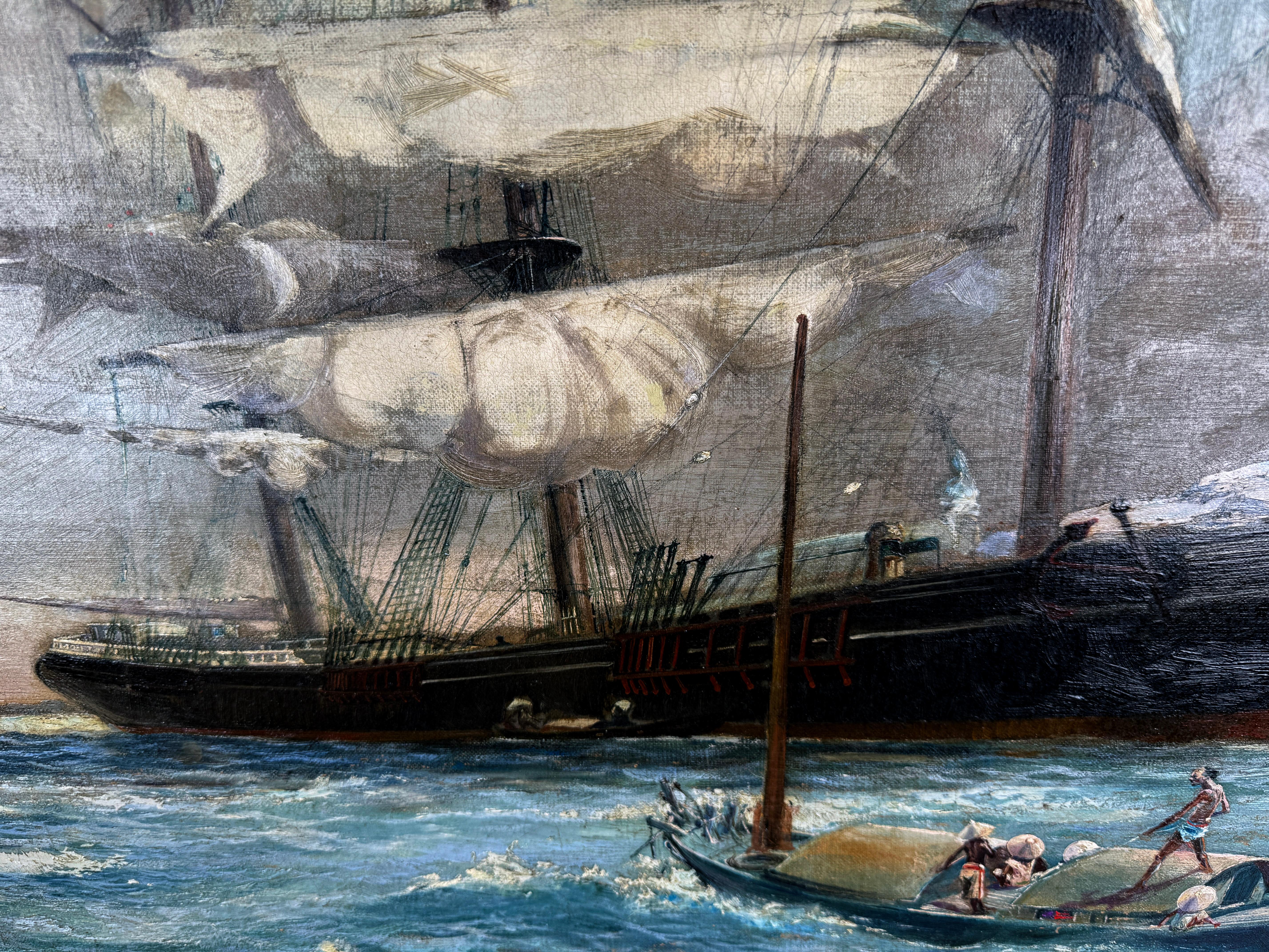 19th Century Original Oil Malaysian Fishermen and Schooner For Sale 2